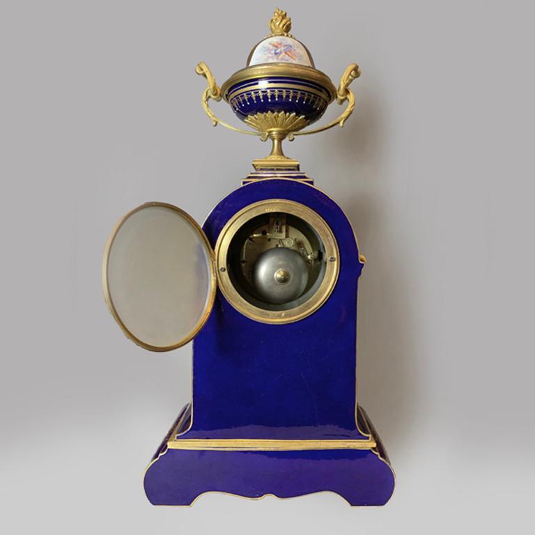 19th Century Ornate Gilt Bronze-Mounted Sèvres-Style Blue Ground Mantel Clock, circa 1880 For Sale