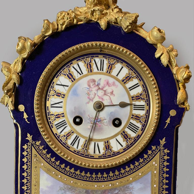 Ornate Gilt Bronze-Mounted Sèvres-Style Blue Ground Mantel Clock, circa 1880 For Sale 1