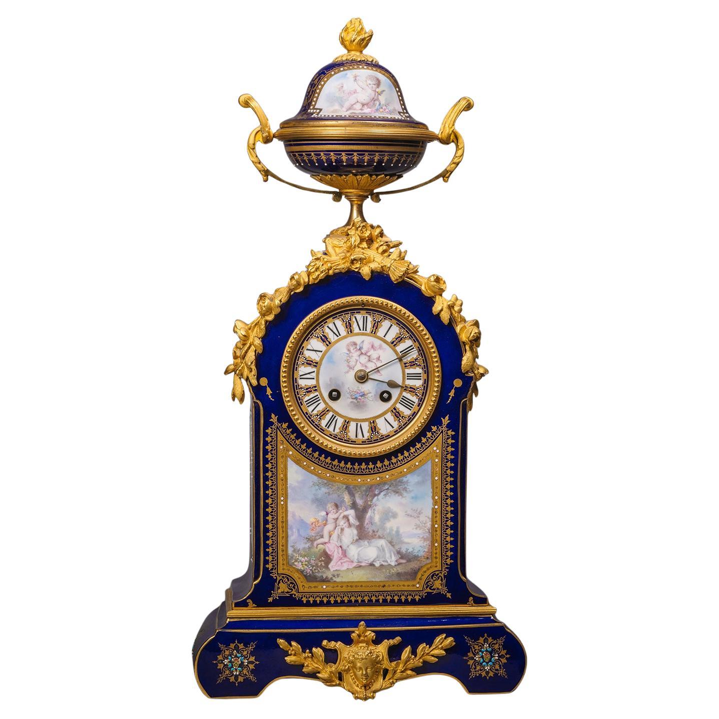 Ornate Gilt Bronze-Mounted Sèvres-Style Blue Ground Mantel Clock, circa 1880 For Sale