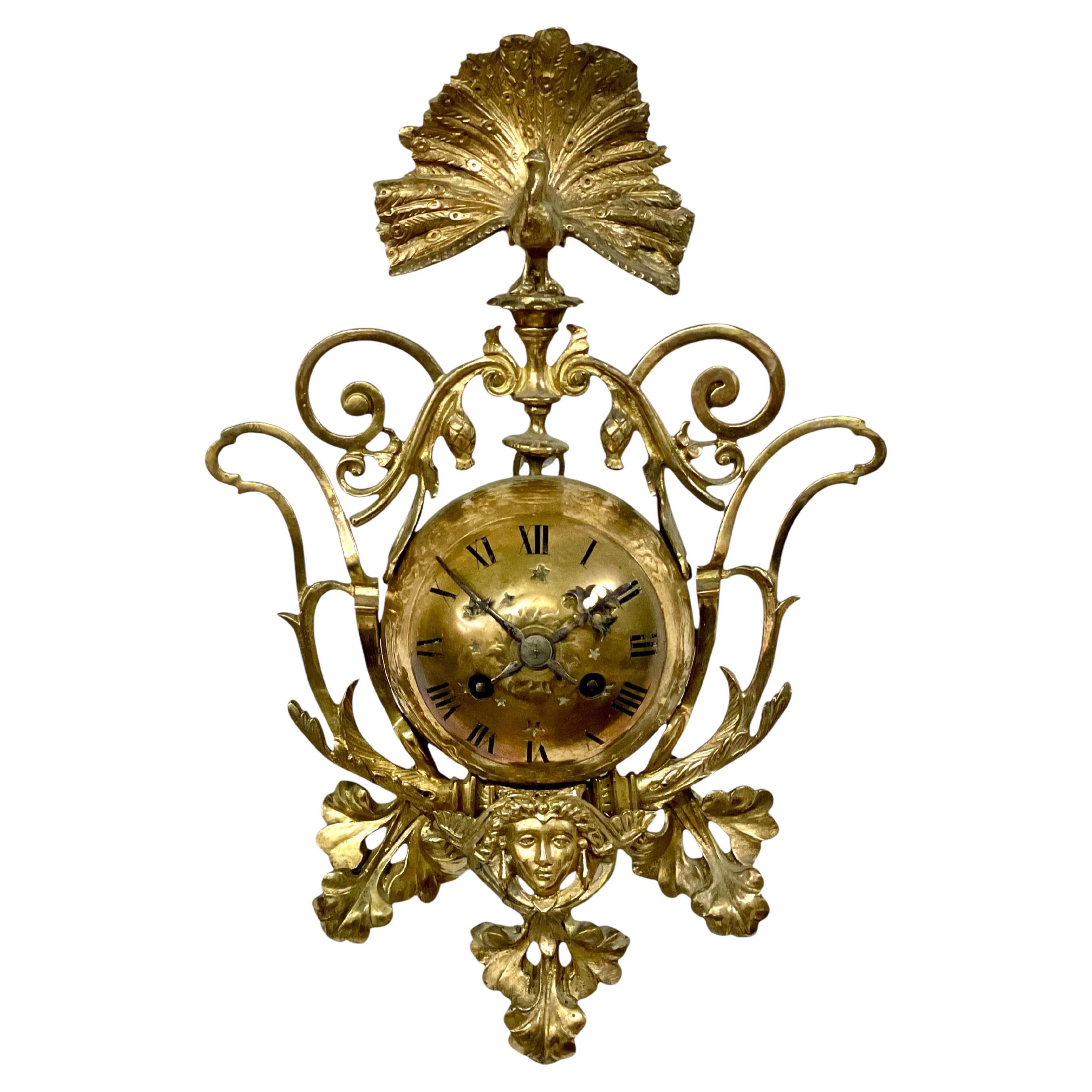 Ornate Gilt Bronze Wall Clock with Peacock Motif, Circa 1900