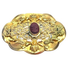 Vintage Ornate Gilt Brooch with Glass Cameo