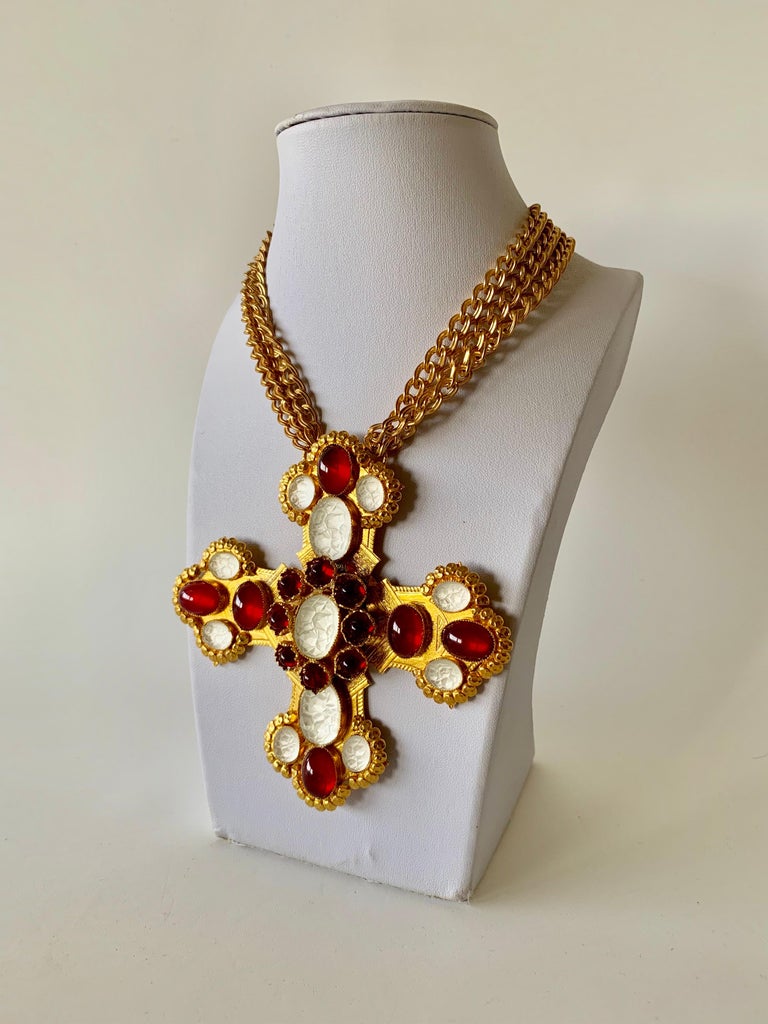 Ornate Gilt Byzantine Style Statement Cross Necklace at 1stDibs