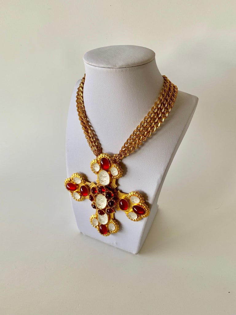 Ornate Gilt Byzantine Style Statement Cross Necklace at 1stDibs