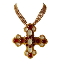 Vintage Ornate Gilt Byzantine Style Statement Cross Necklace 