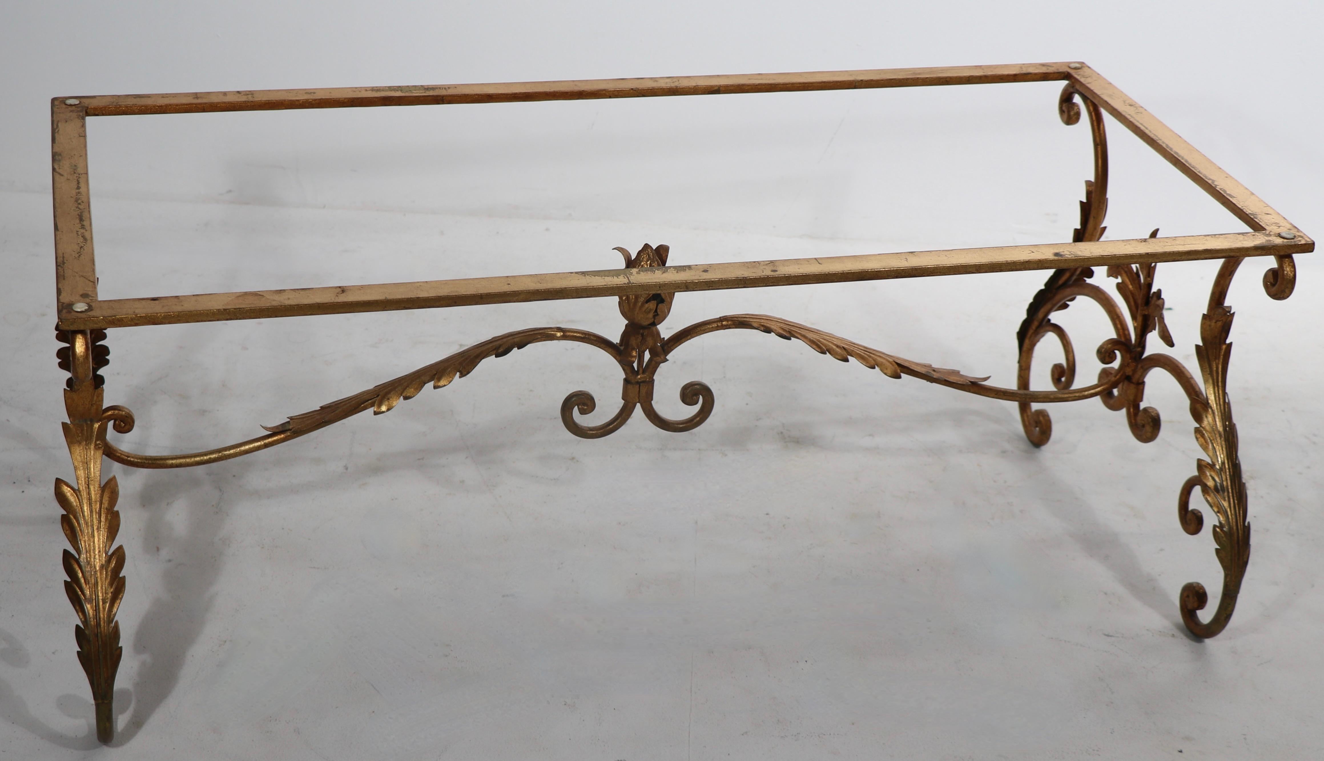 Nice ornate gilt wrought iron coffee table base, in the classical style, probably made in Spain, Circa 1940/1960's. The base is in very good original condition, missing the top, easily replaced with either glass, marble, stone etc.