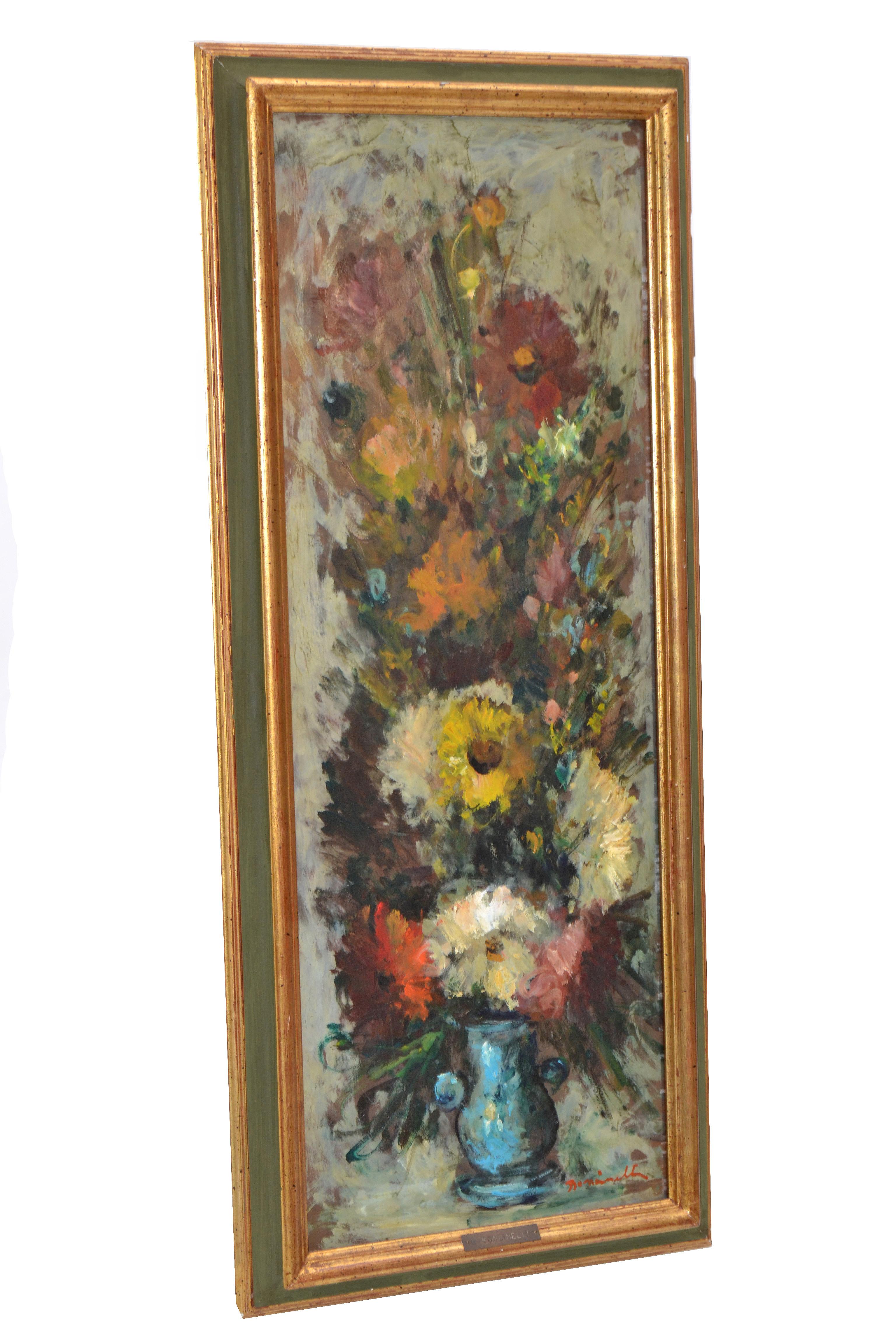 Large ornate gilt wood framed oil on board painting floral bouquet still life by Italian Artist G. Boncinelli dated 1966.
Skillfully applied textured flowers in a vase with rich deep color contrast.
Signed on front right corner and Metal Tag, G.