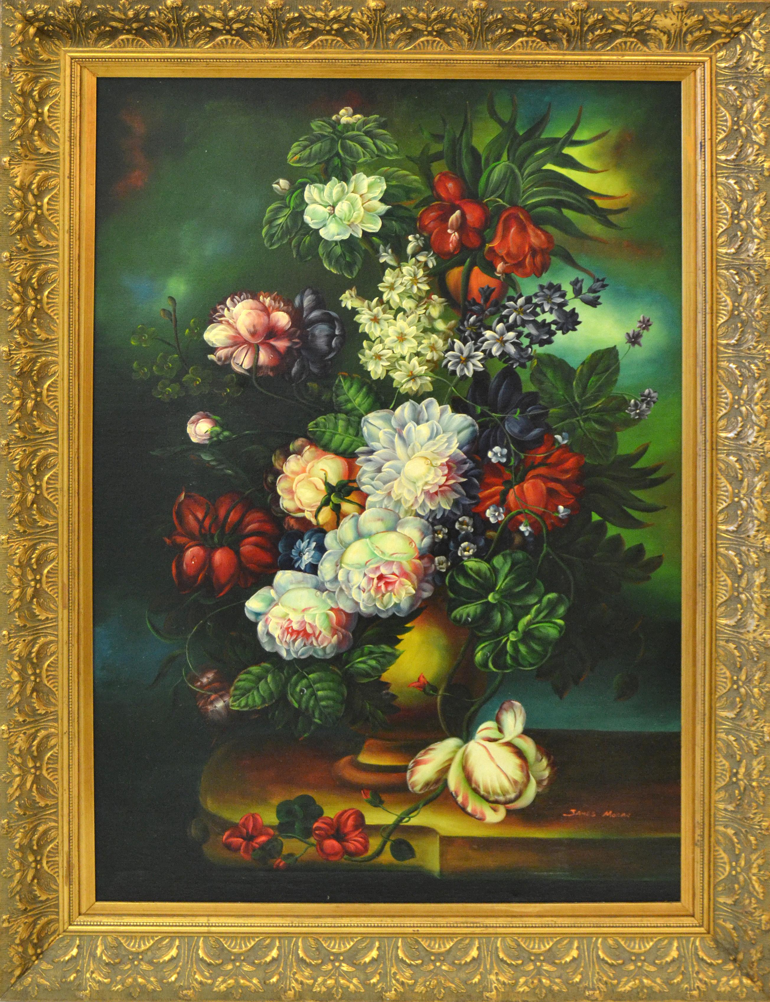 Large ornate gilt wood framed oil on canvas painting floral bouquet still life by American Artist James Moran.
Skillfully applied textured flowers in a vase with rich deep color contrast.
Signed on front right corner, James Moran.
The carved