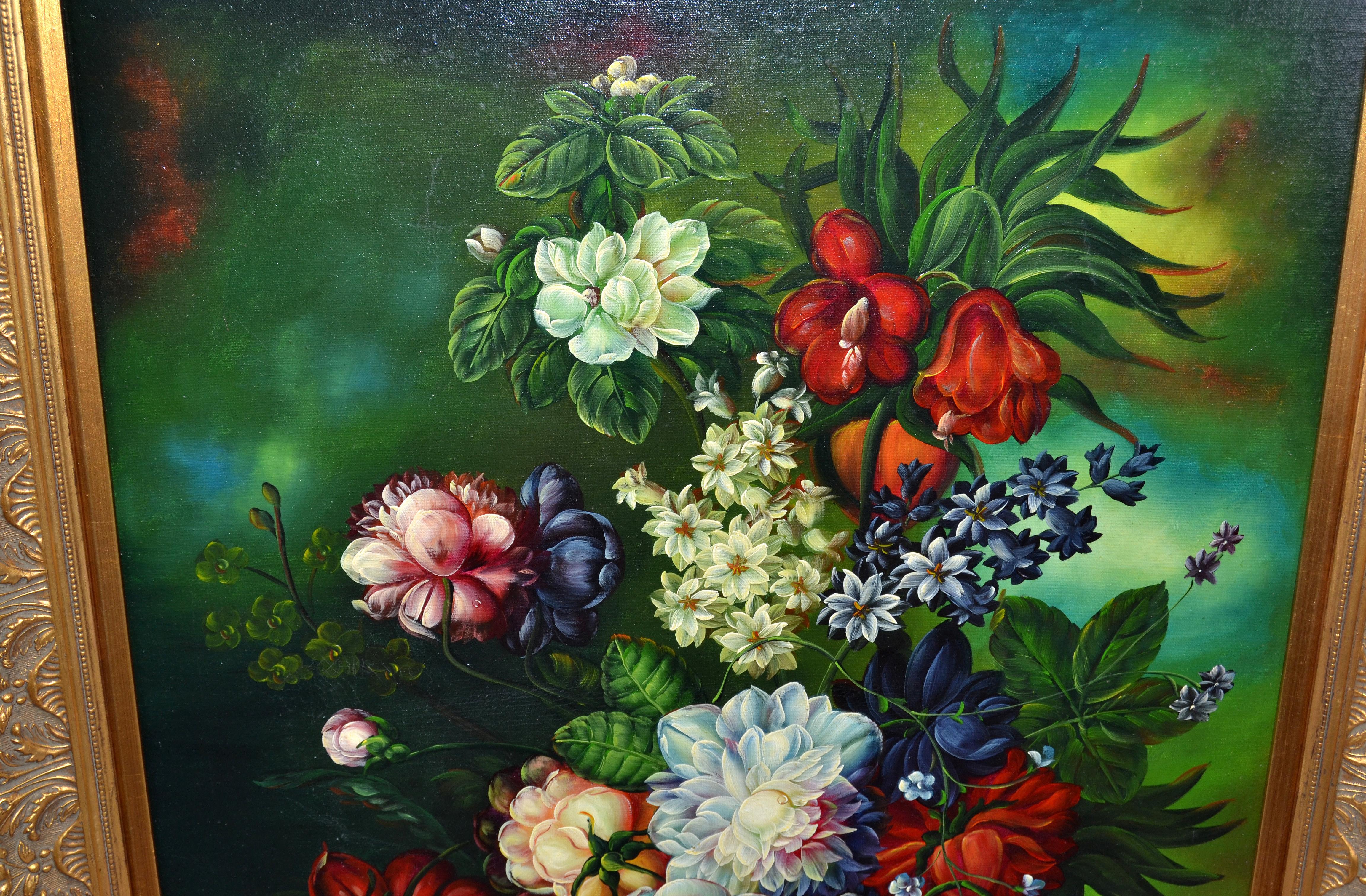 Cuadro al óleo con marco dorado adornado Floral Bouquet Still Life Firmado James Moran clásico estadounidense en venta