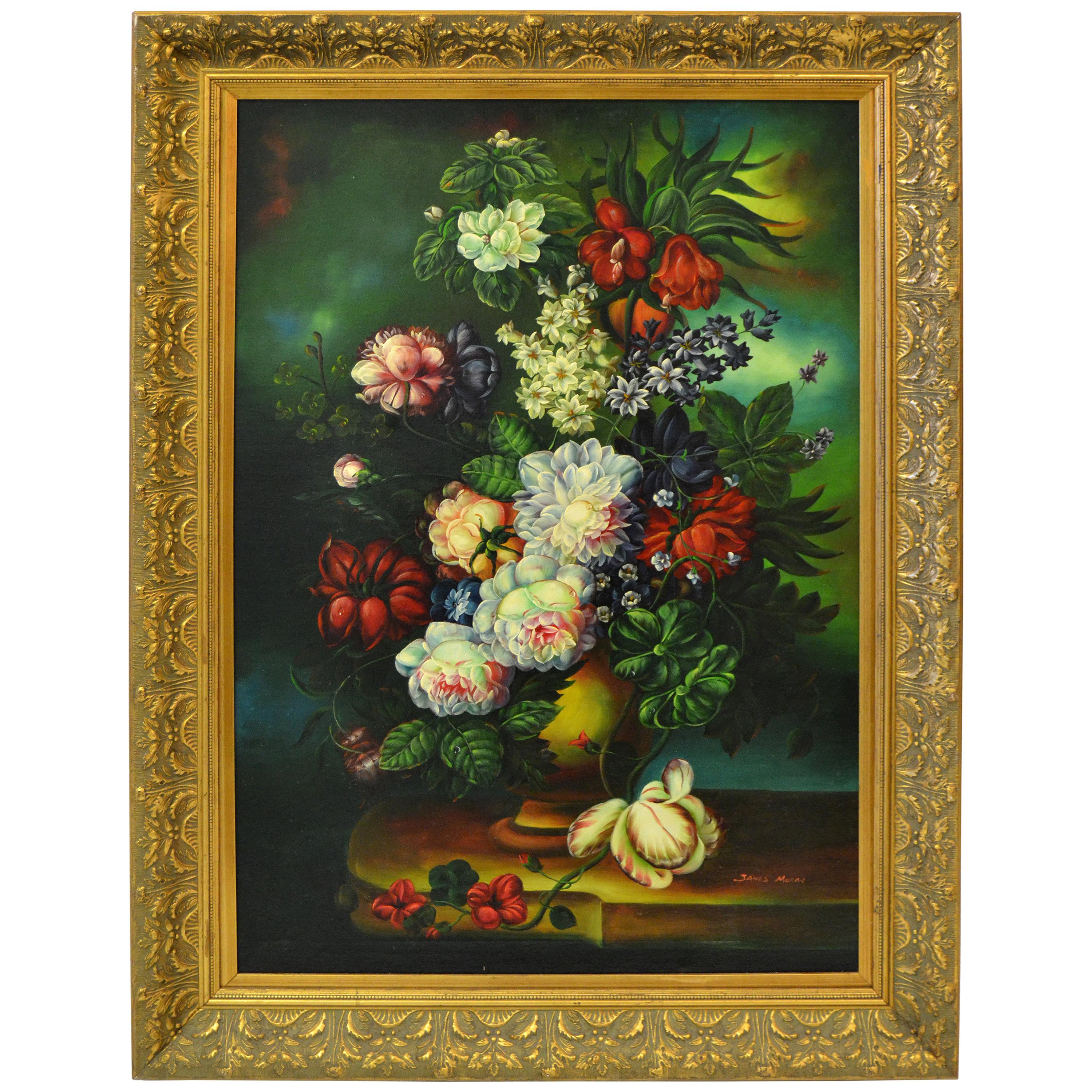 Peinture à l'huile encadrée et ornée d'un bouquet de fleurs:: nature morte signée James Moran