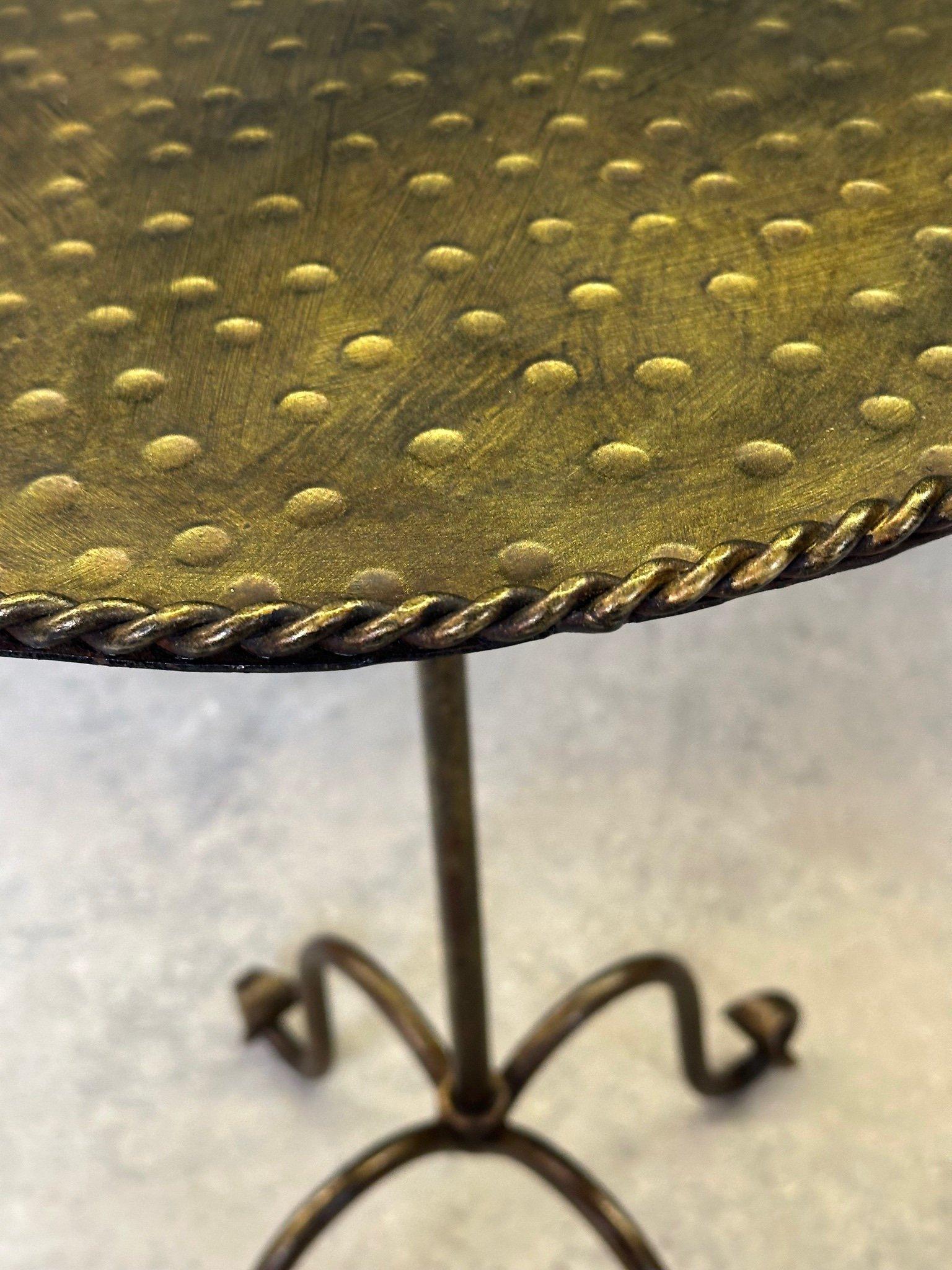 Ornate Gilt Iron Side Table with Hammered Top & Scrolled Legs For Sale 6