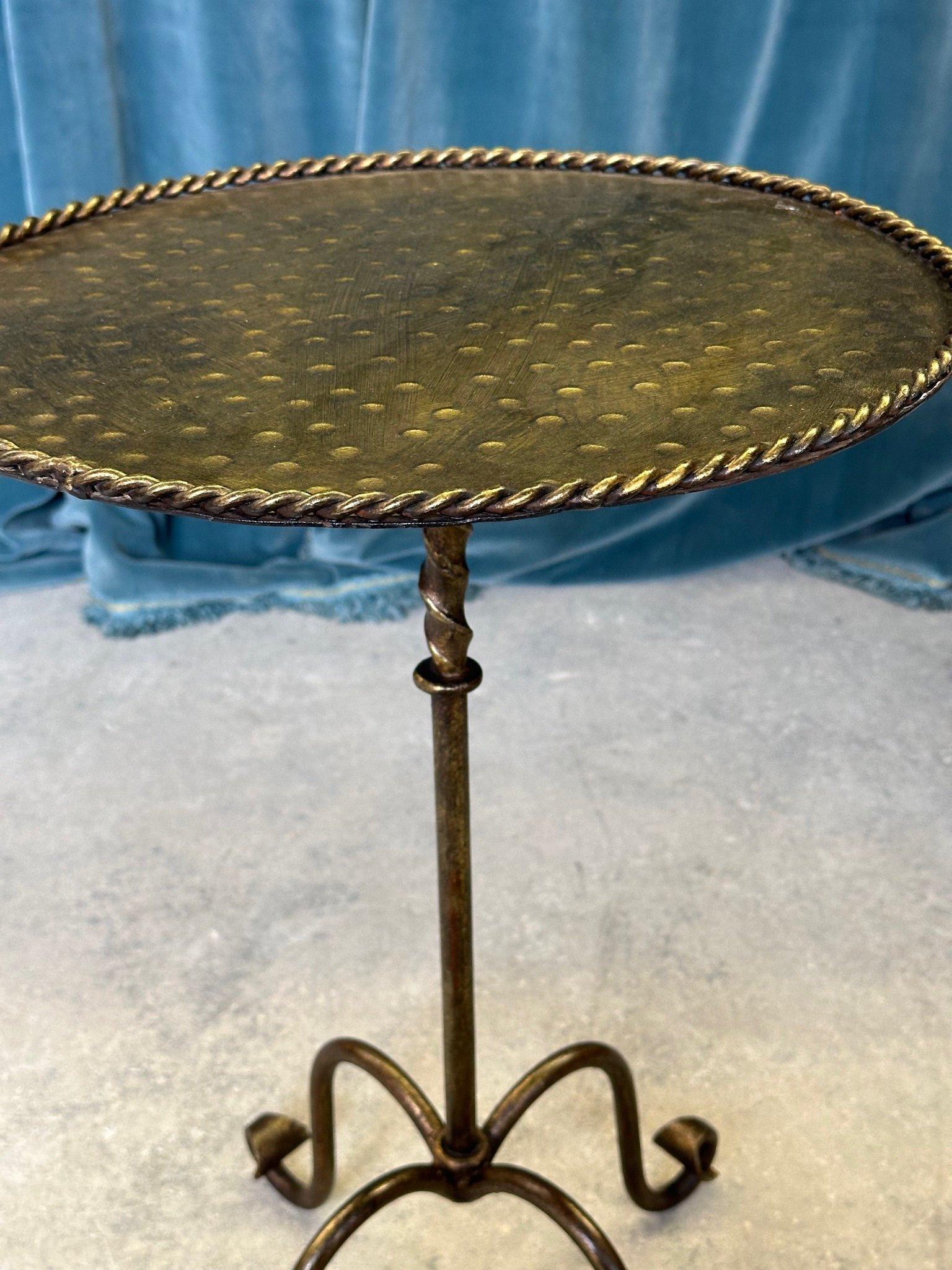 Mid-Century Modern Ornate Gilt Iron Side Table with Hammered Top & Scrolled Legs For Sale