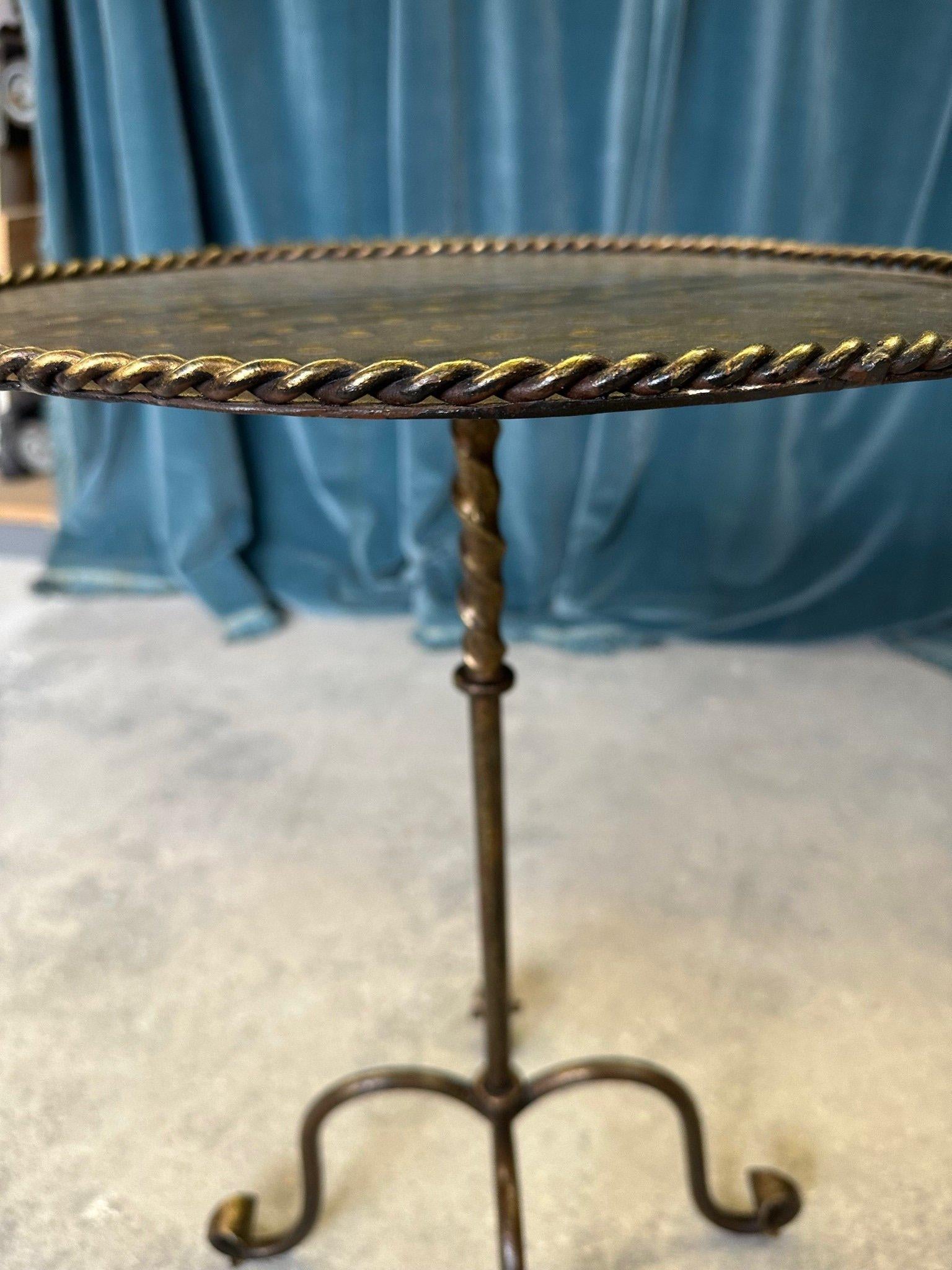 Spanish Ornate Gilt Iron Side Table with Hammered Top & Scrolled Legs For Sale