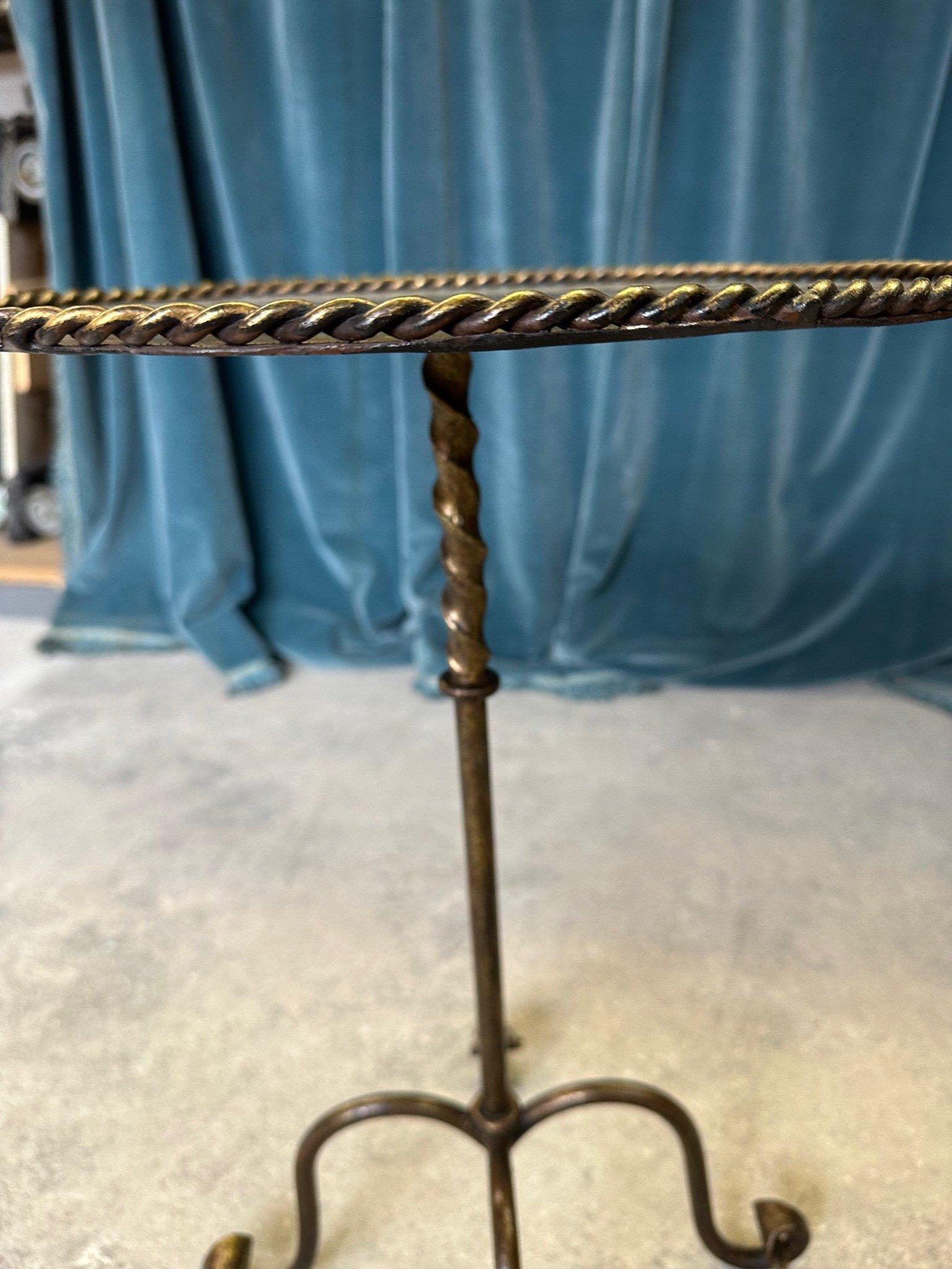 Contemporary Ornate Gilt Iron Side Table with Hammered Top & Scrolled Legs For Sale