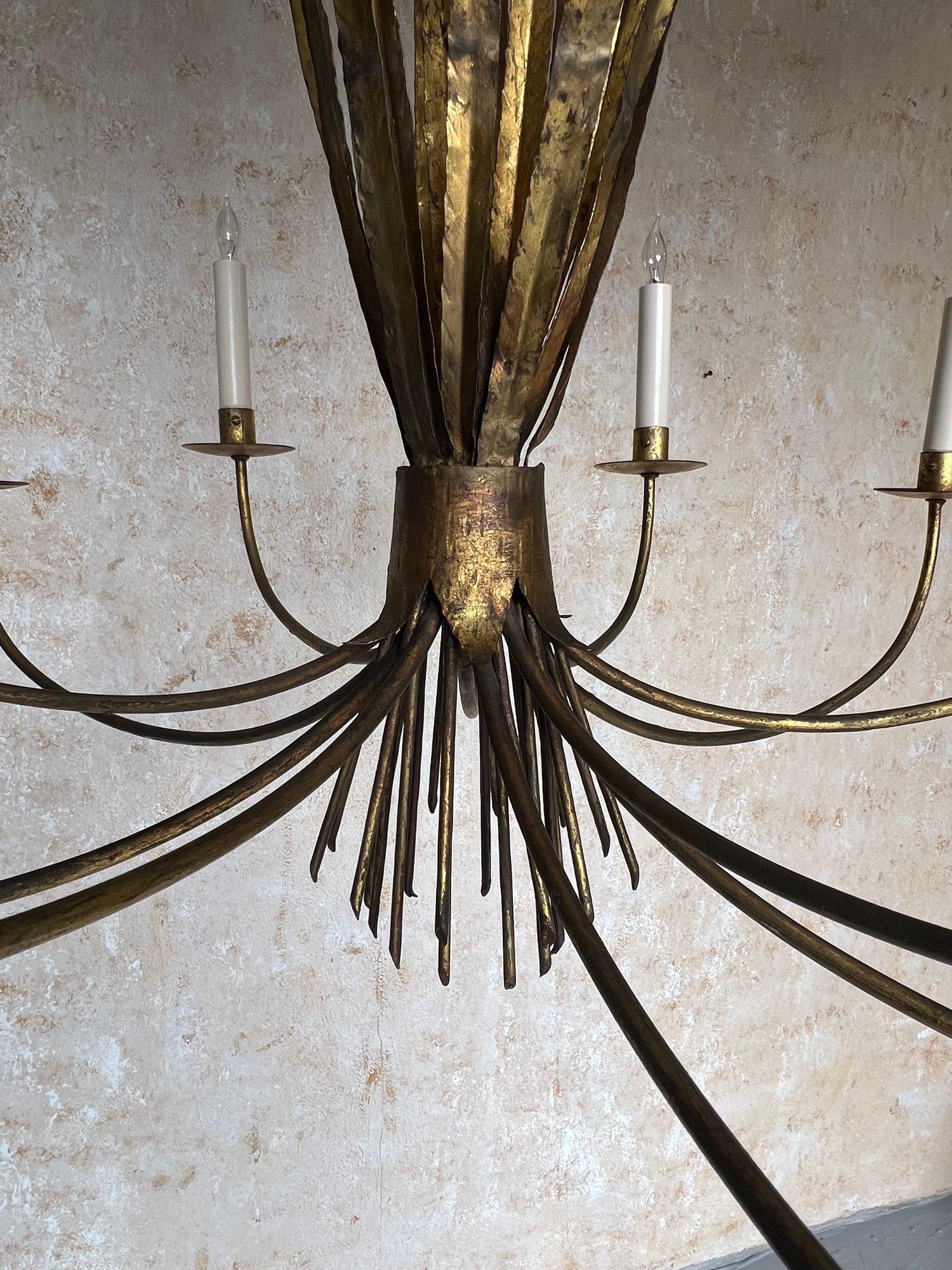 Ornate Gilt Metal Spanish 1940's Wheat Grass Chandelier 5