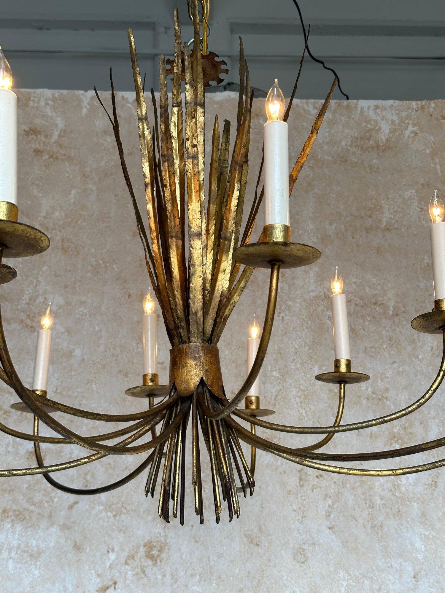 Ornate Gilt Metal Spanish 1940's Wheat Grass Chandelier 6
