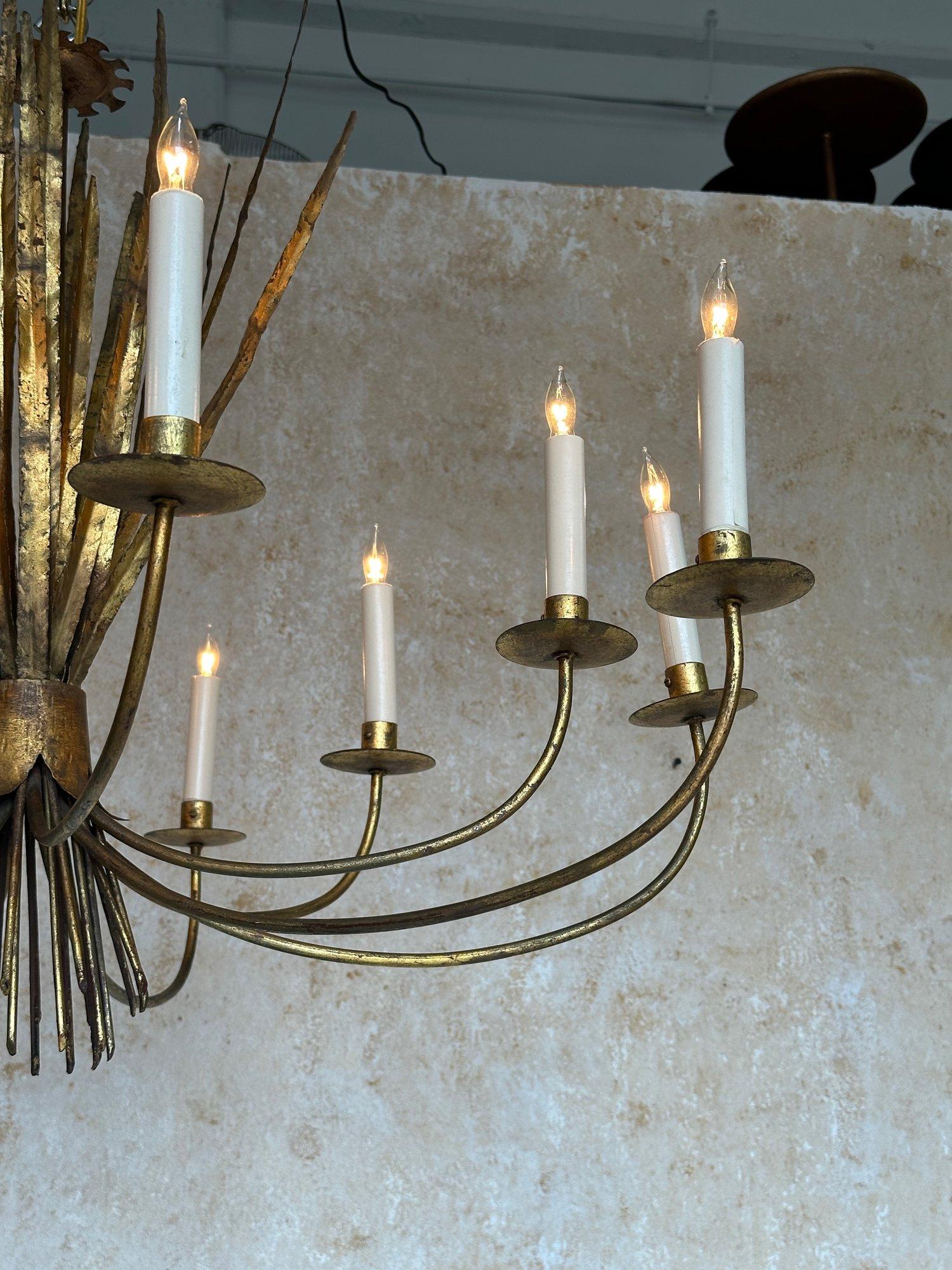 Ornate Gilt Metal Spanish 1940's Wheat Grass Chandelier 7