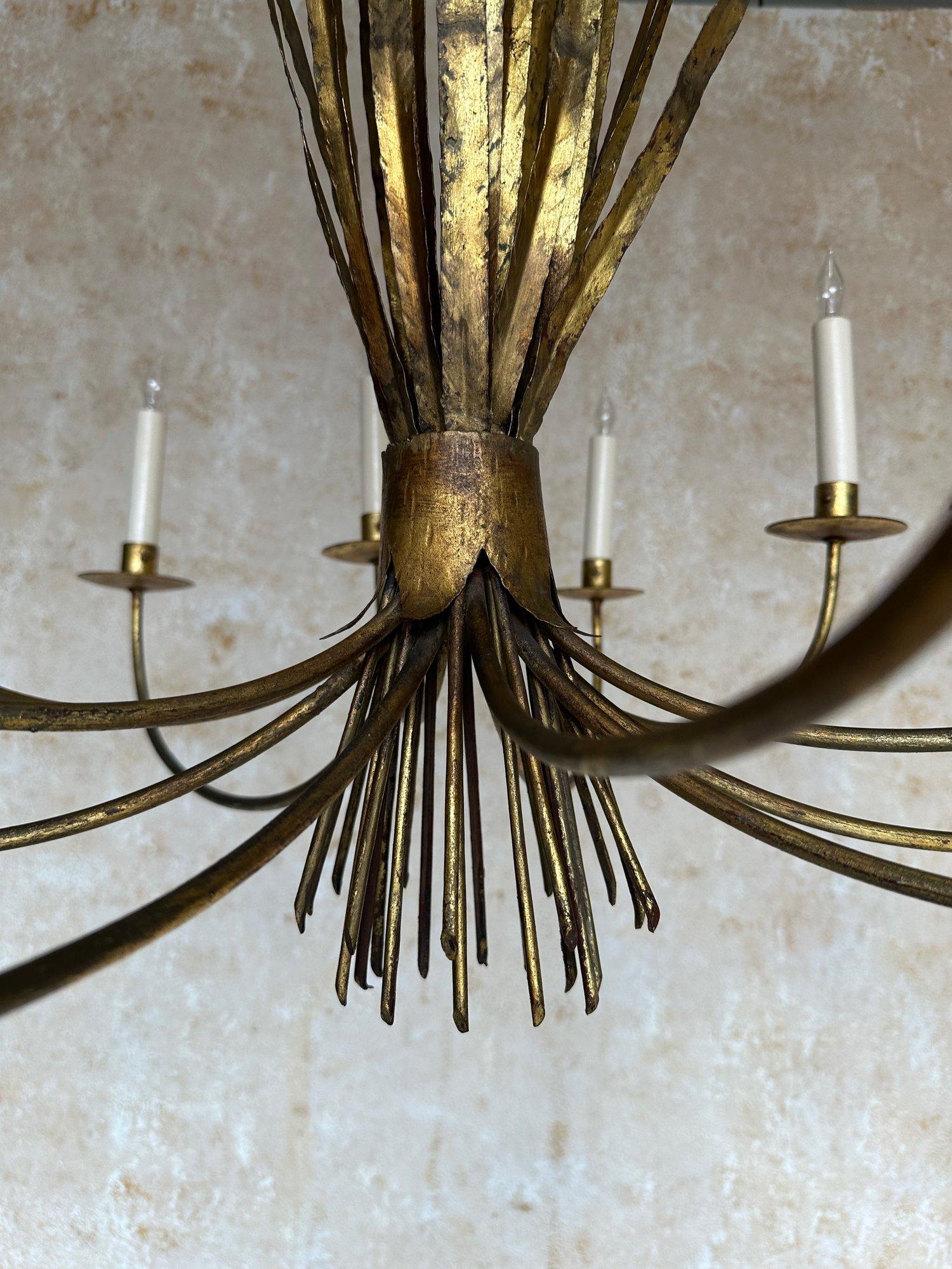 Ornate Gilt Metal Spanish 1940's Wheat Grass Chandelier 8