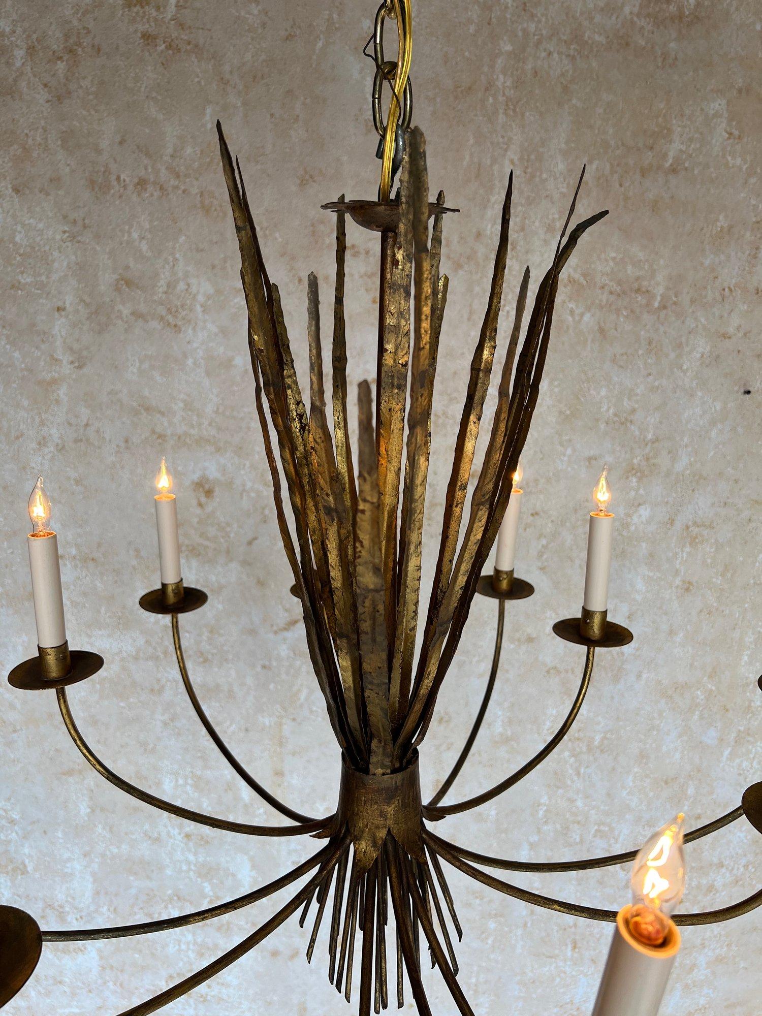 Ornate Gilt Metal Spanish 1940's Wheat Grass Chandelier 9
