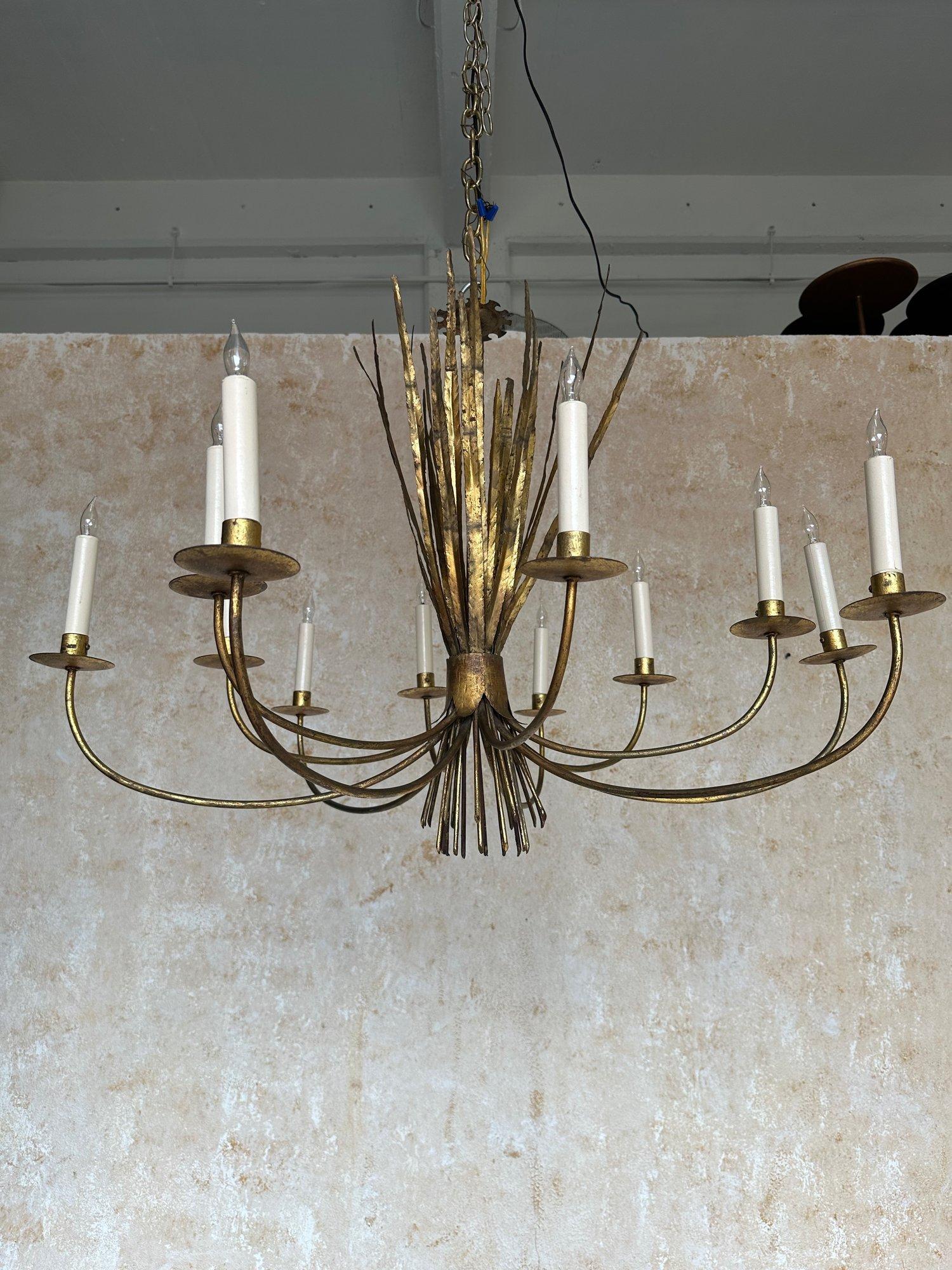Art Deco Ornate Gilt Metal Spanish 1940's Wheat Grass Chandelier