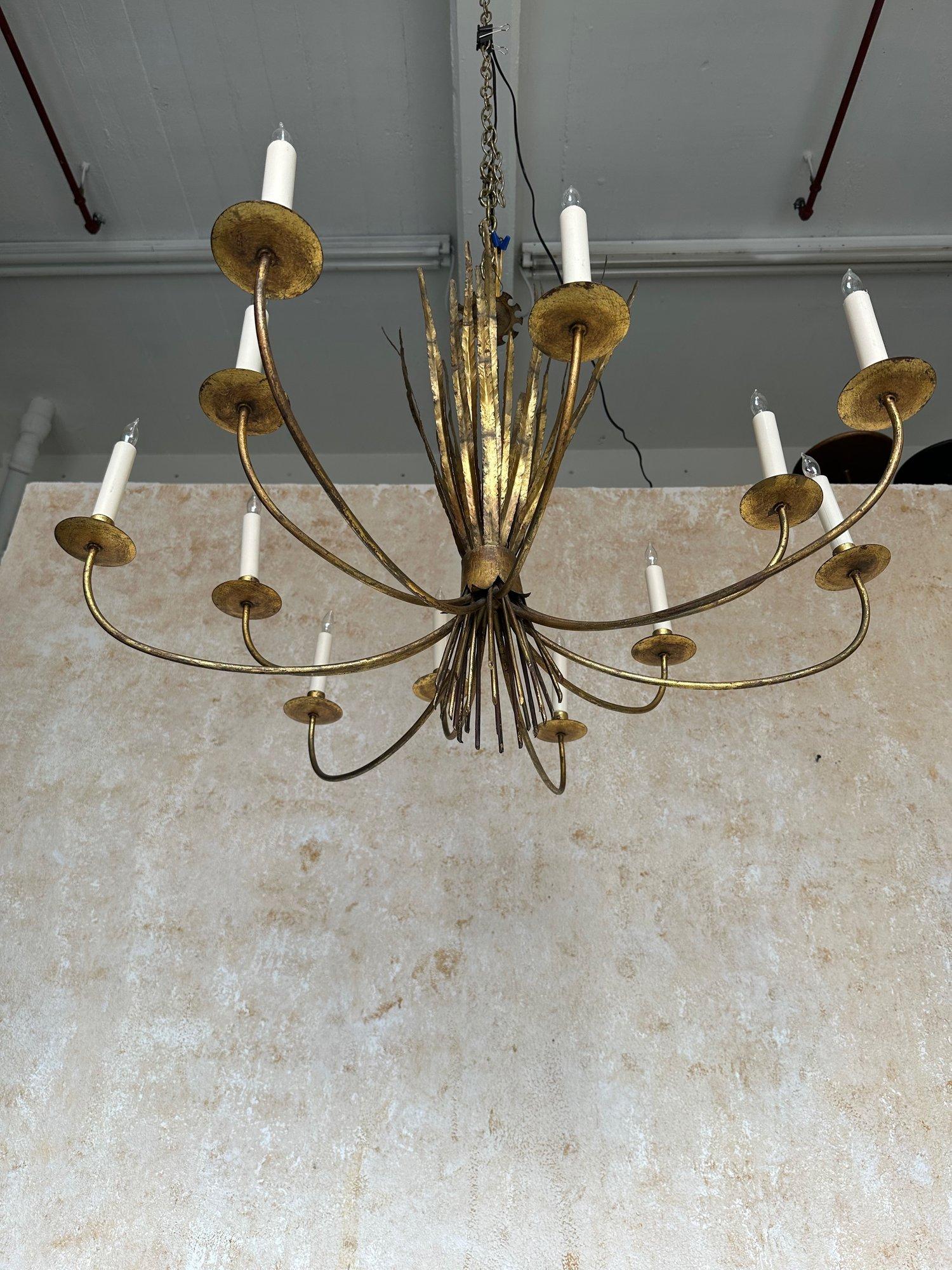 Ornate Gilt Metal Spanish 1940's Wheat Grass Chandelier In Good Condition In Buchanan, NY