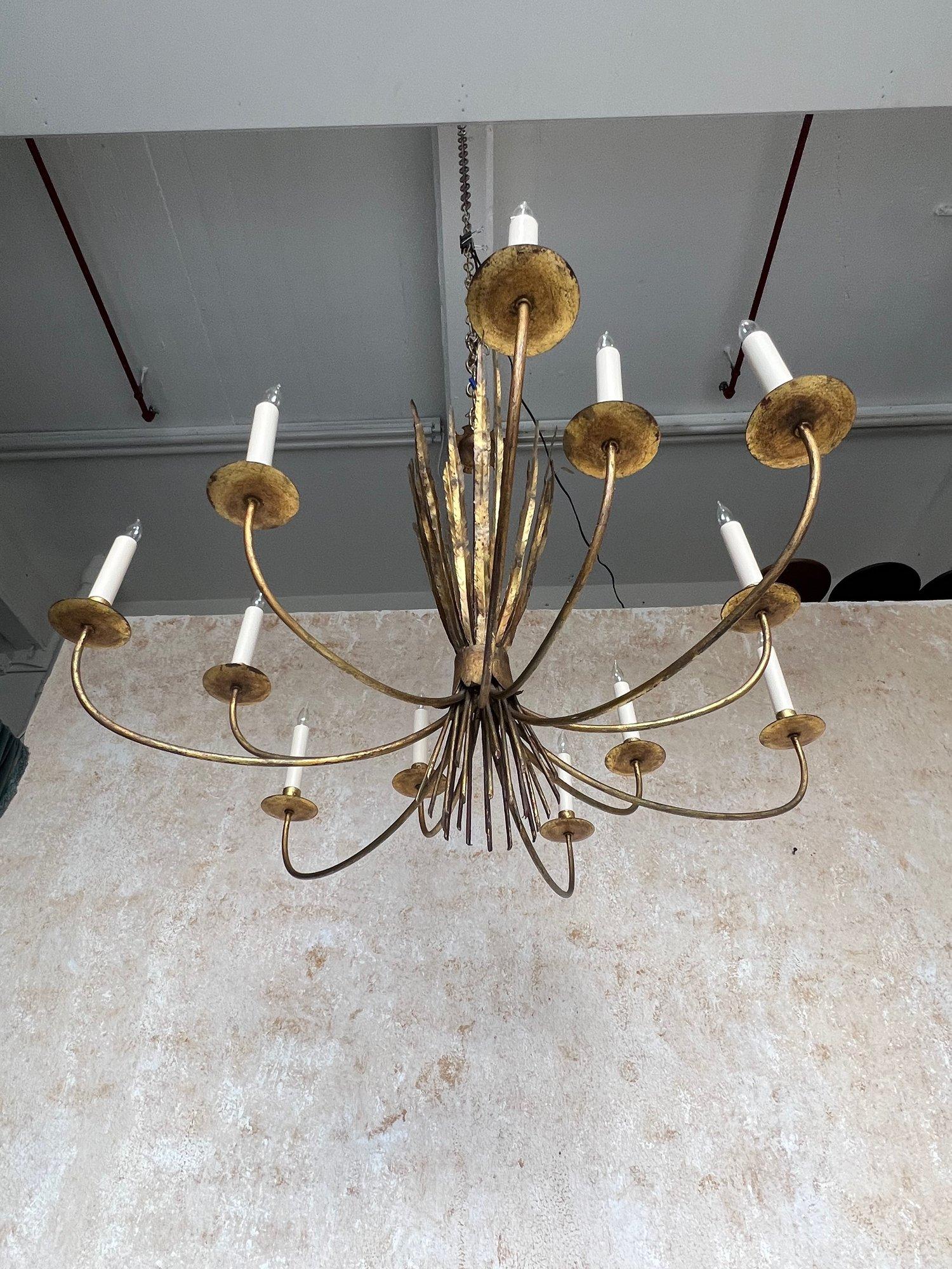 Mid-20th Century Ornate Gilt Metal Spanish 1940's Wheat Grass Chandelier