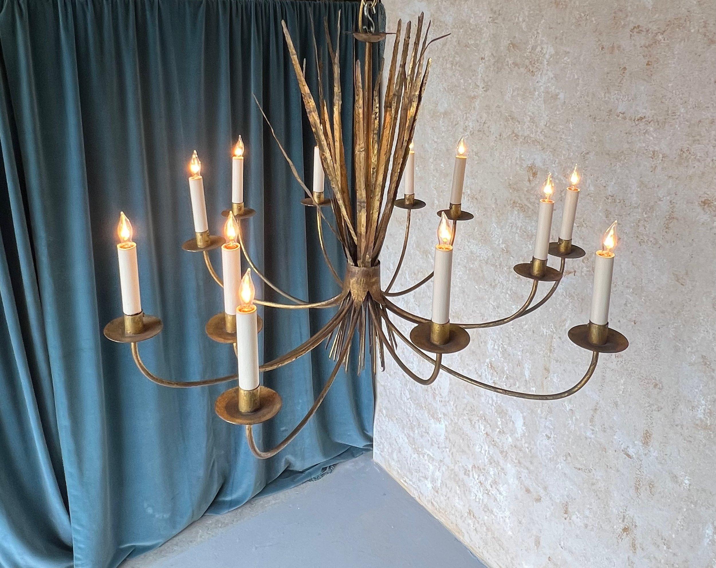 Ornate Gilt Metal Spanish 1940's Wheat Grass Chandelier 1