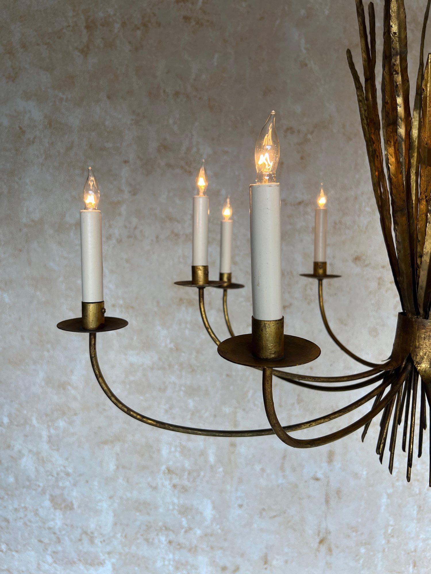 Ornate Gilt Metal Spanish 1940's Wheat Grass Chandelier 2