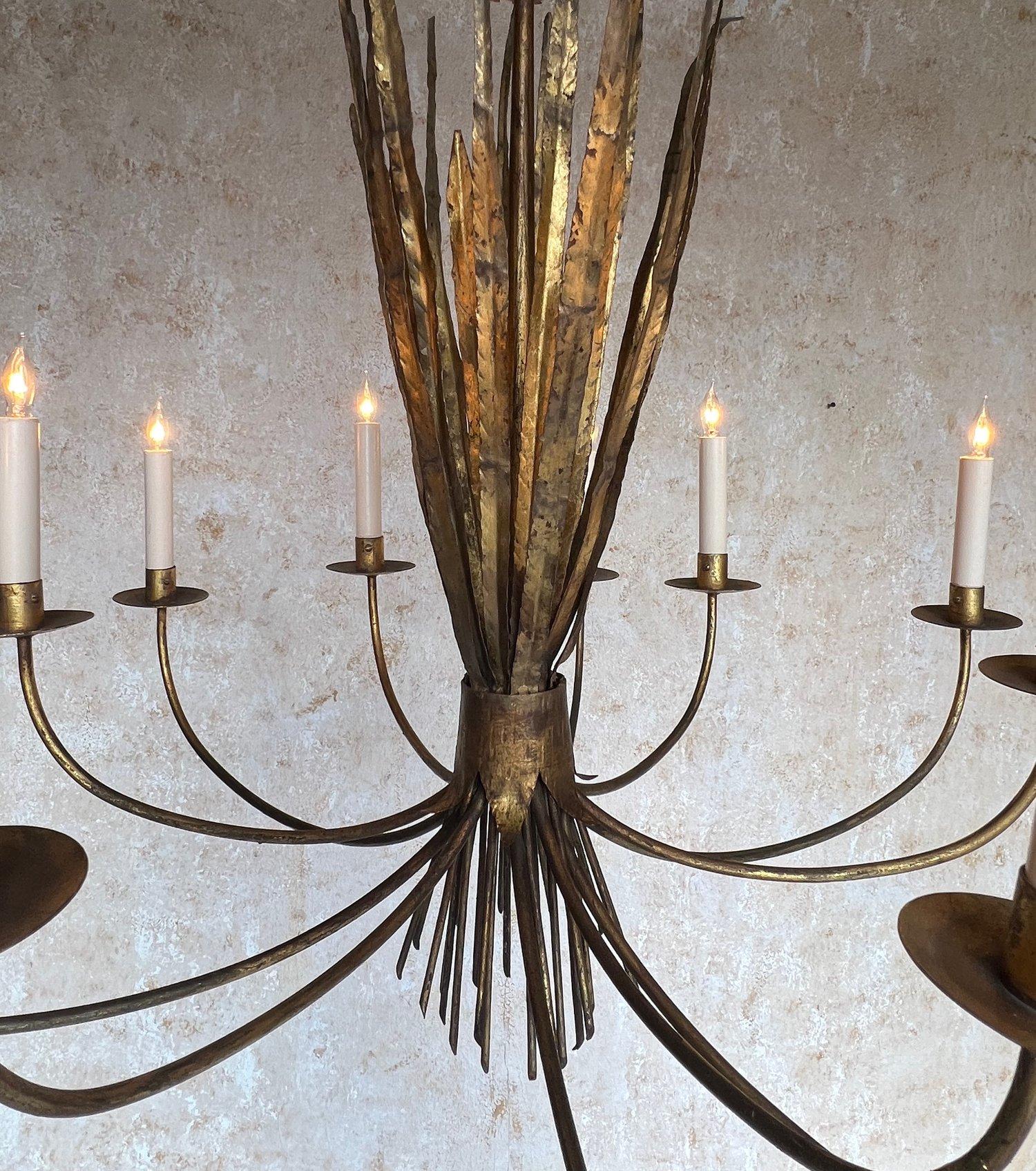 Ornate Gilt Metal Spanish 1940's Wheat Grass Chandelier 3