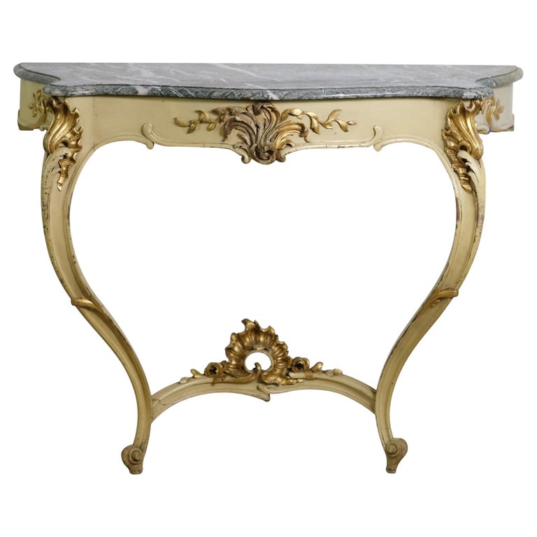 Ornate Gilt Rococo Console Table Green Marble Shelf Italy For Sale at