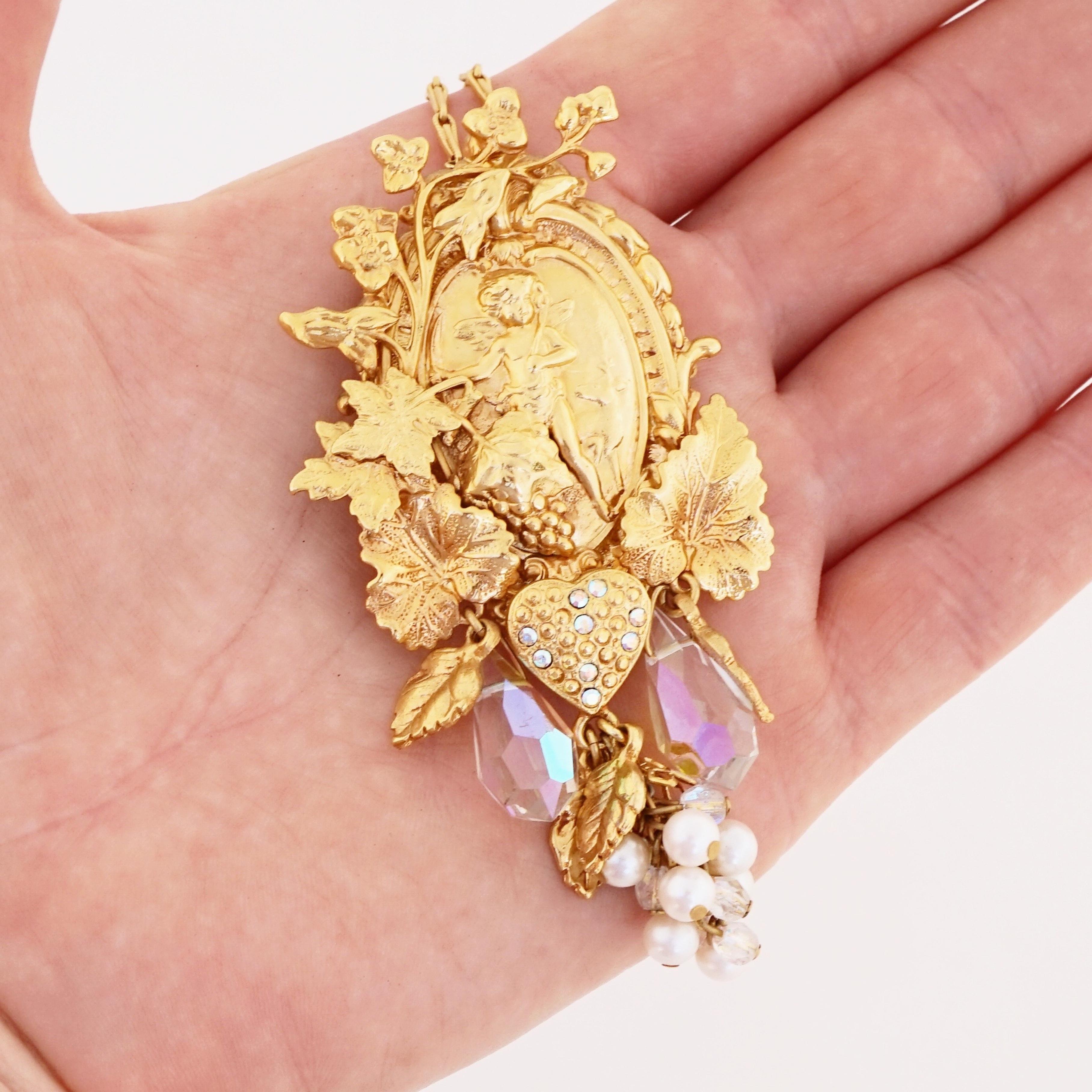 Modern Ornate Gold Angel Pendant Necklace With Pearl & Crystal Charms By Kirks Folly