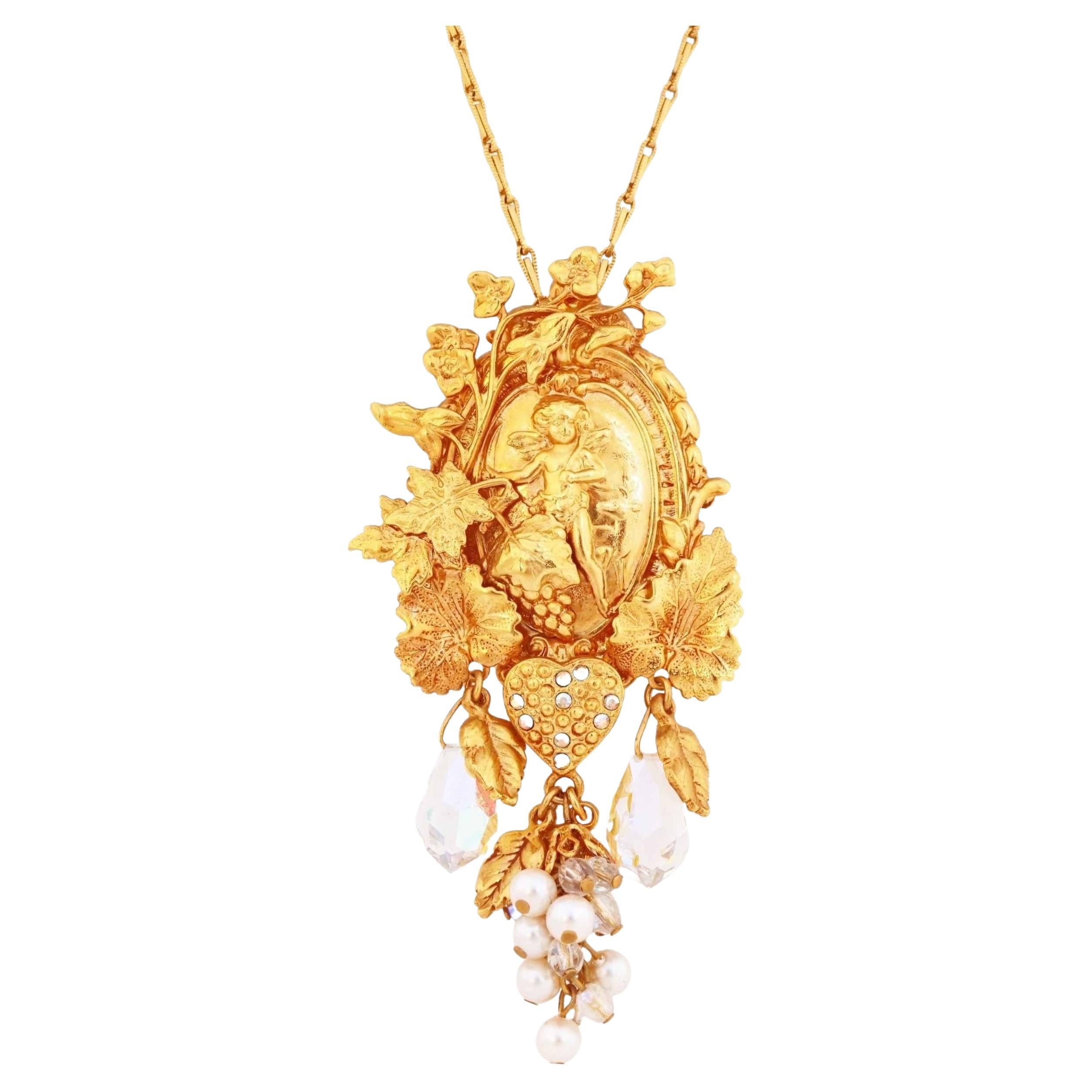 Ornate Gold Angel Pendant Necklace With Pearl & Crystal Charms By Kirks Folly For Sale