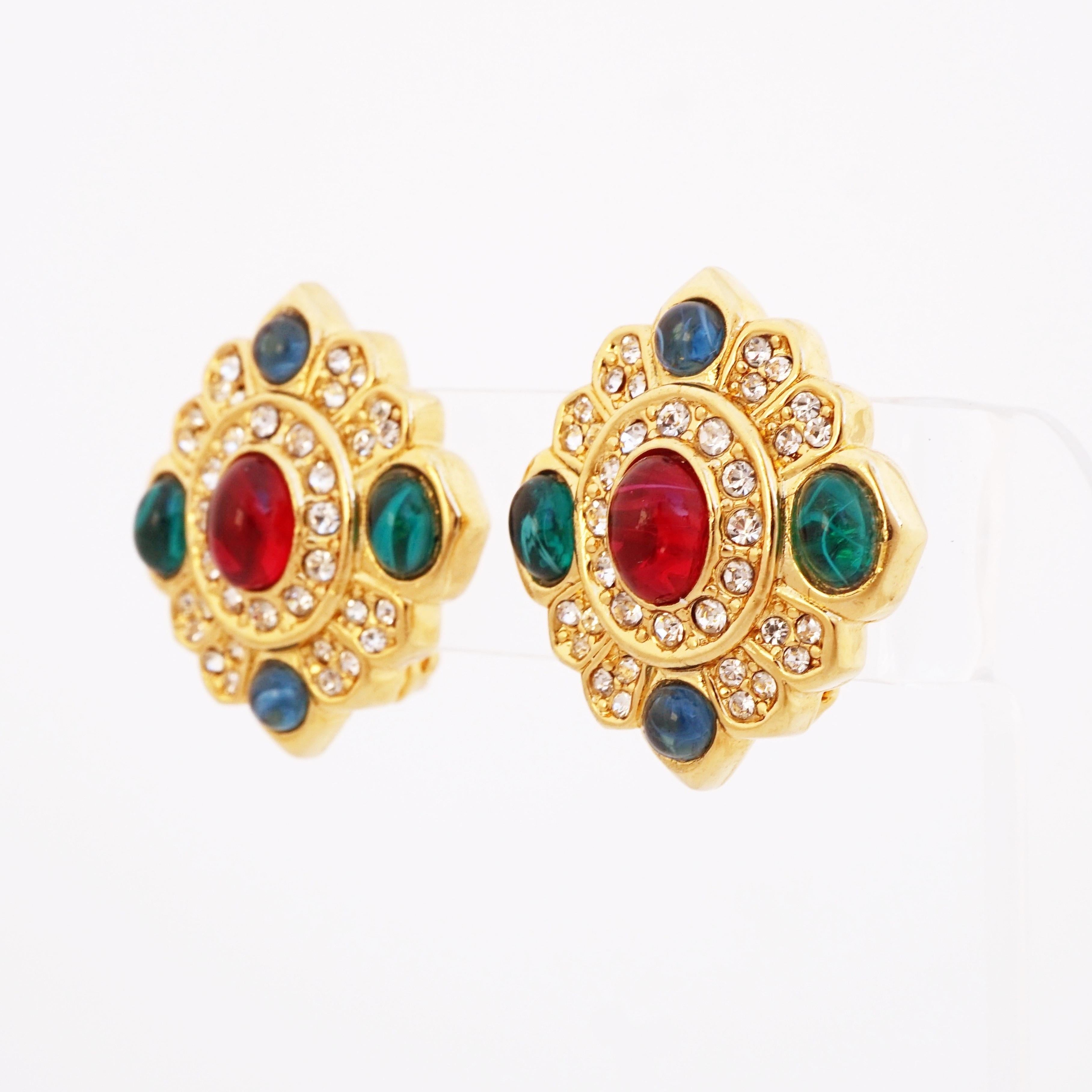 Modern Ornate Gold Mughal Earrings With Crystal Pavé & 