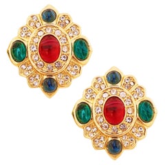 Vintage Ornate Gold Mughal Earrings With Crystal Pavé & "Gripoix" Glass, 1980s