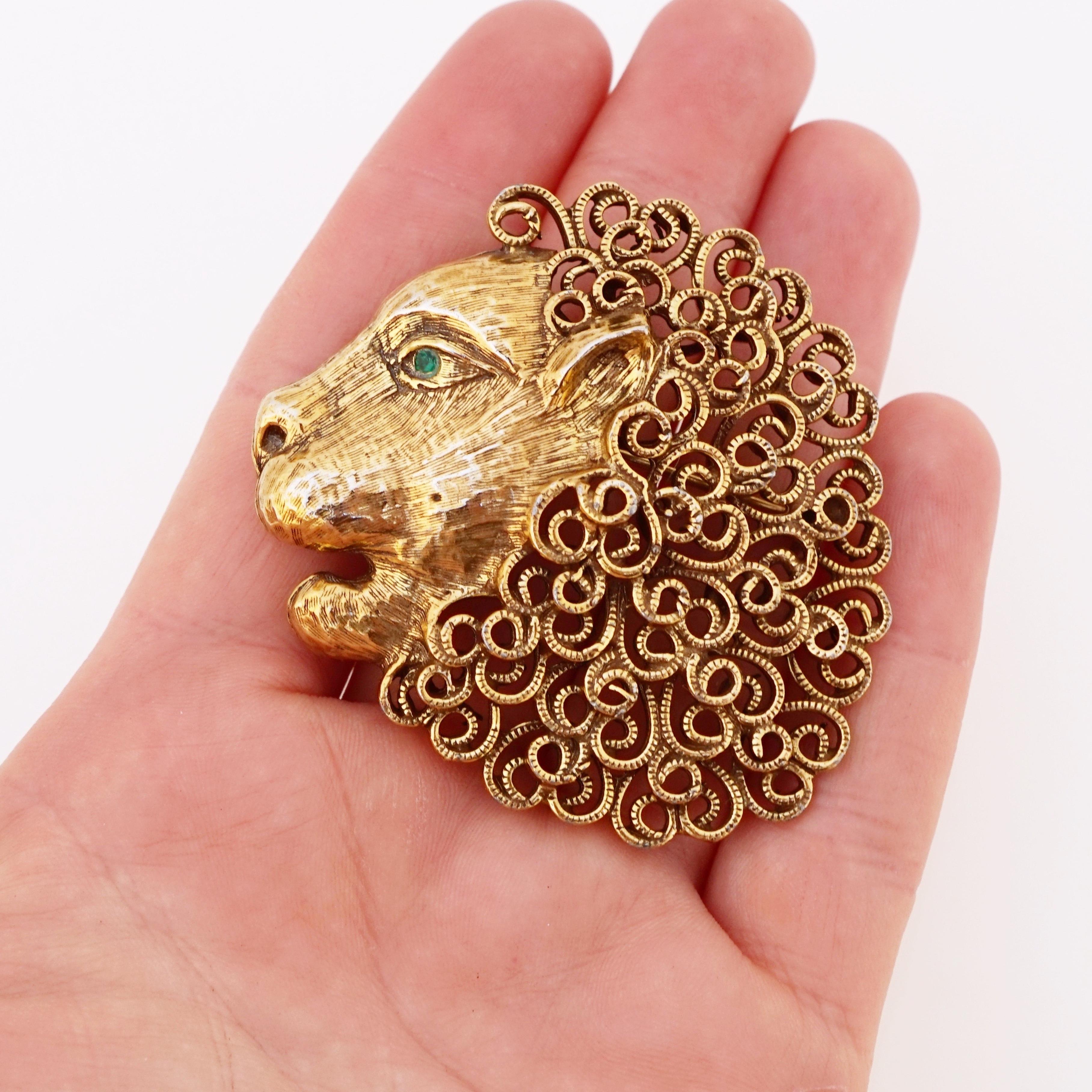 Women's Ornate Gold Openwork Lion Head Figural Brooch By Jeanne, 1970s
