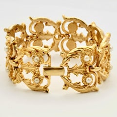 Ornate Gold Plated and Faux Pearl Link Statement Bracelet 1960s