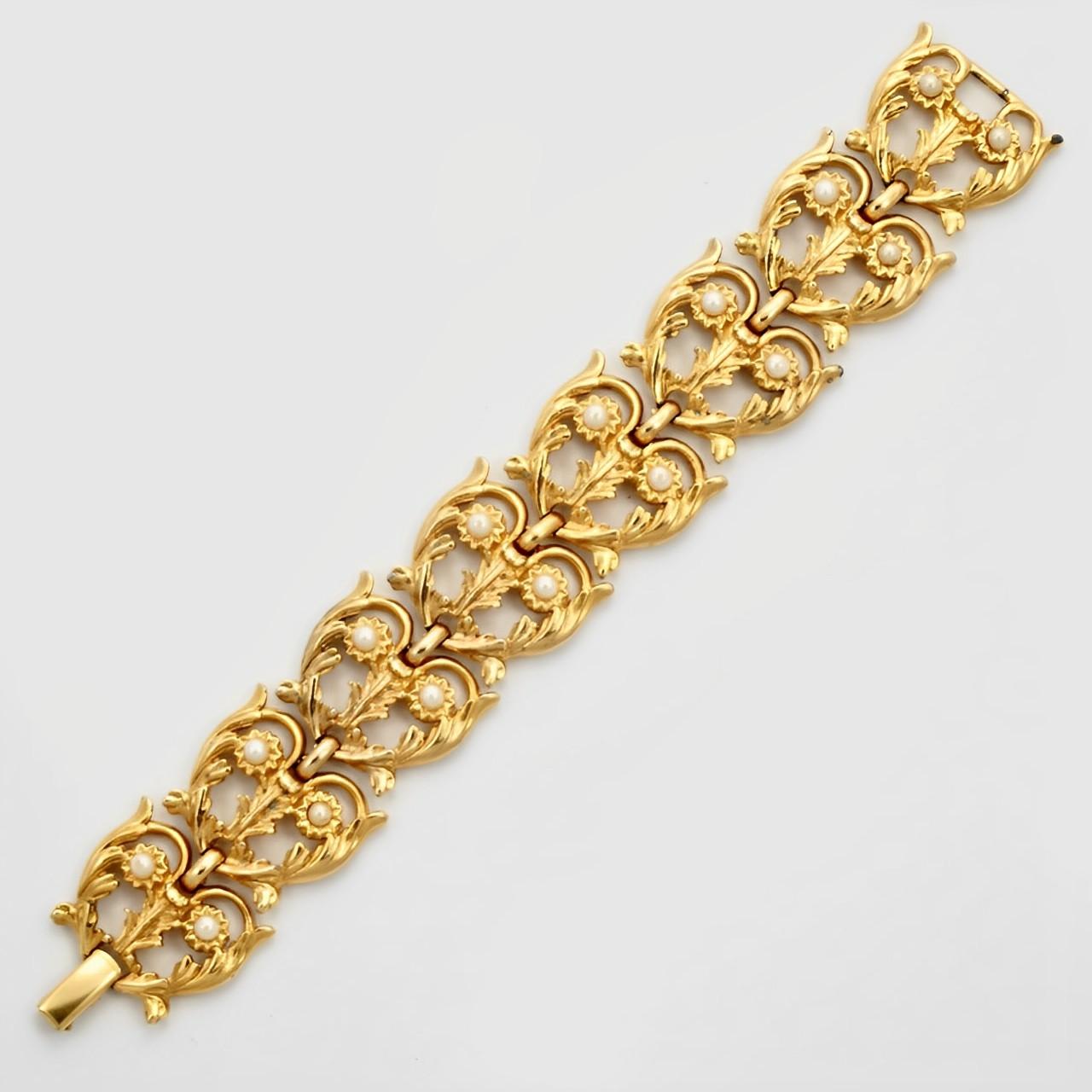 Ornate Gold Plated and Faux Pearl Link Statement Bracelet 1960s In Good Condition For Sale In London, GB