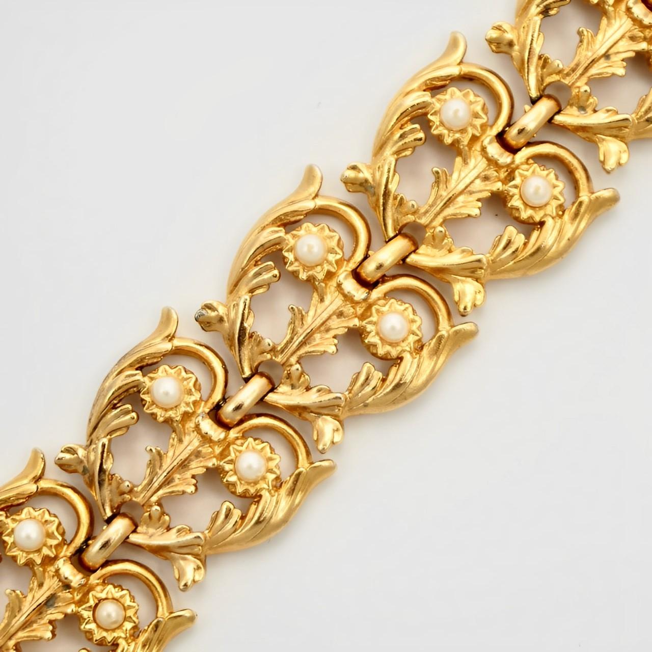 Women's or Men's Ornate Gold Plated and Faux Pearl Link Statement Bracelet 1960s For Sale