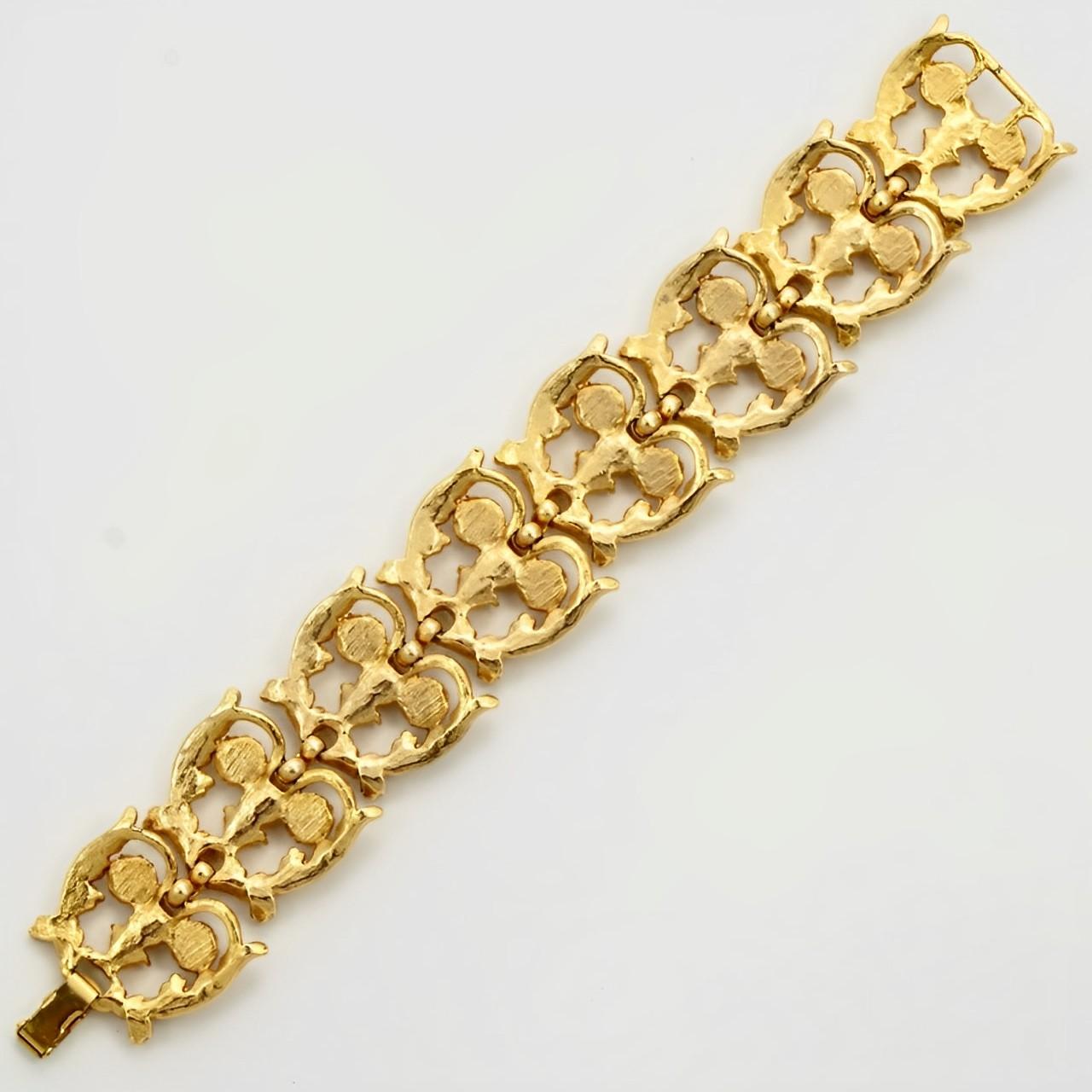 Ornate Gold Plated and Faux Pearl Link Statement Bracelet 1960s For Sale 1