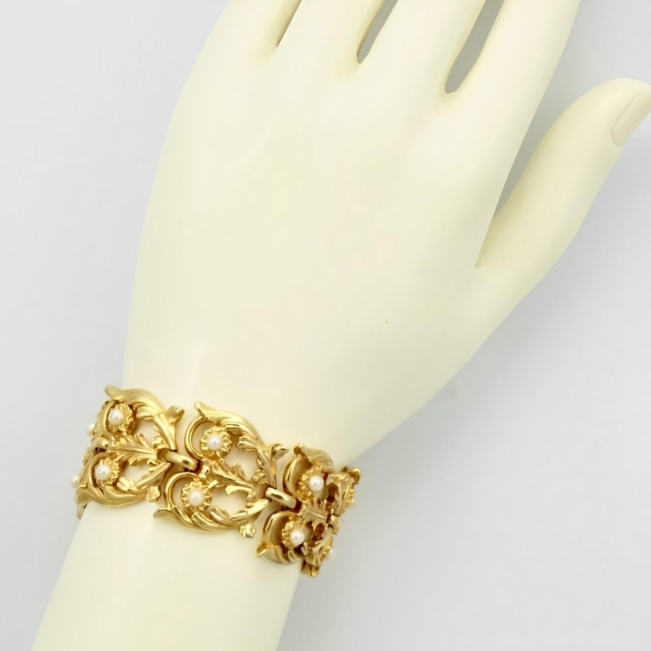 Ornate Gold Plated and Faux Pearl Link Statement Bracelet 1960s For Sale 2