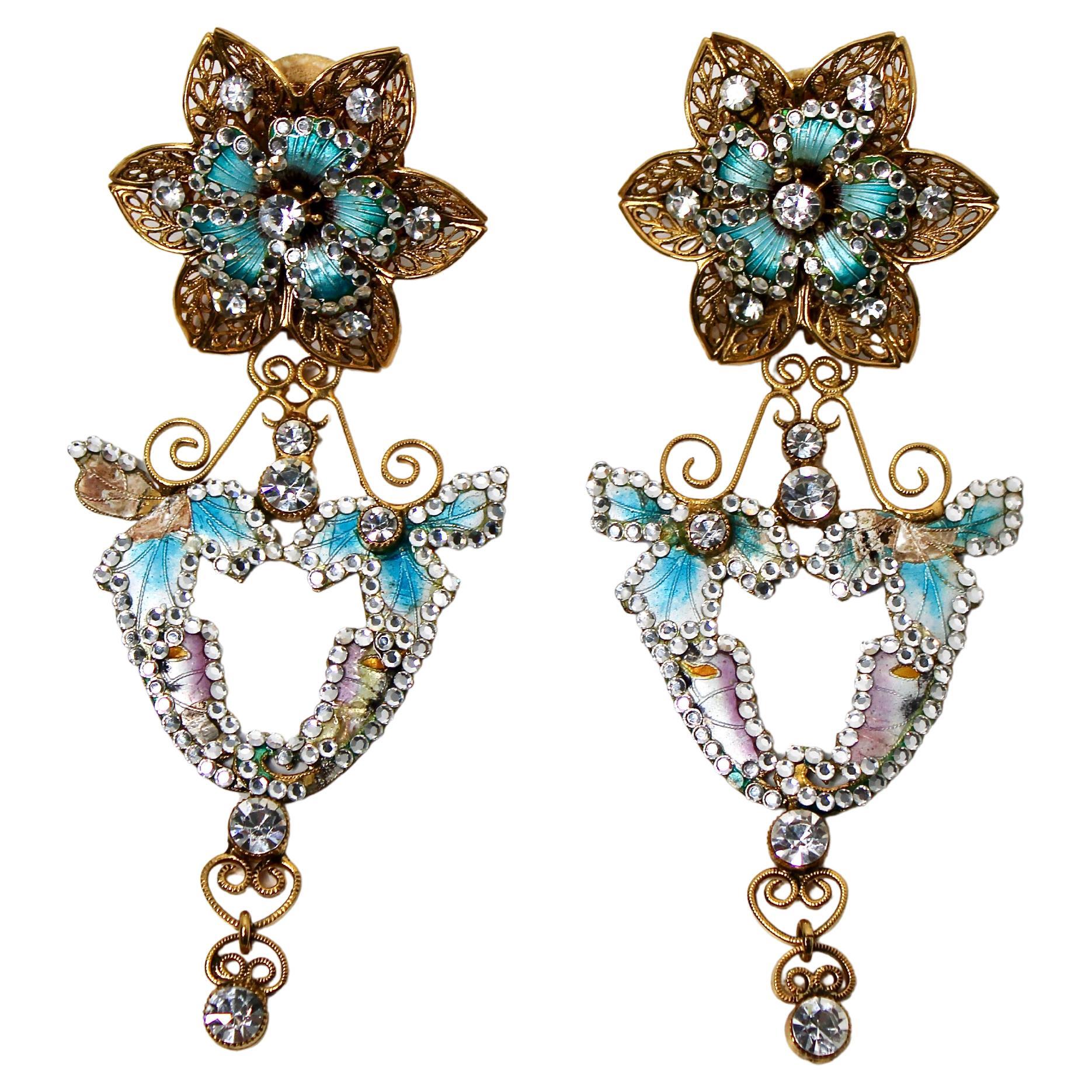 Ornate Gold-Tone Floral Chandelier Earrings With Rhinestones circa 1970s