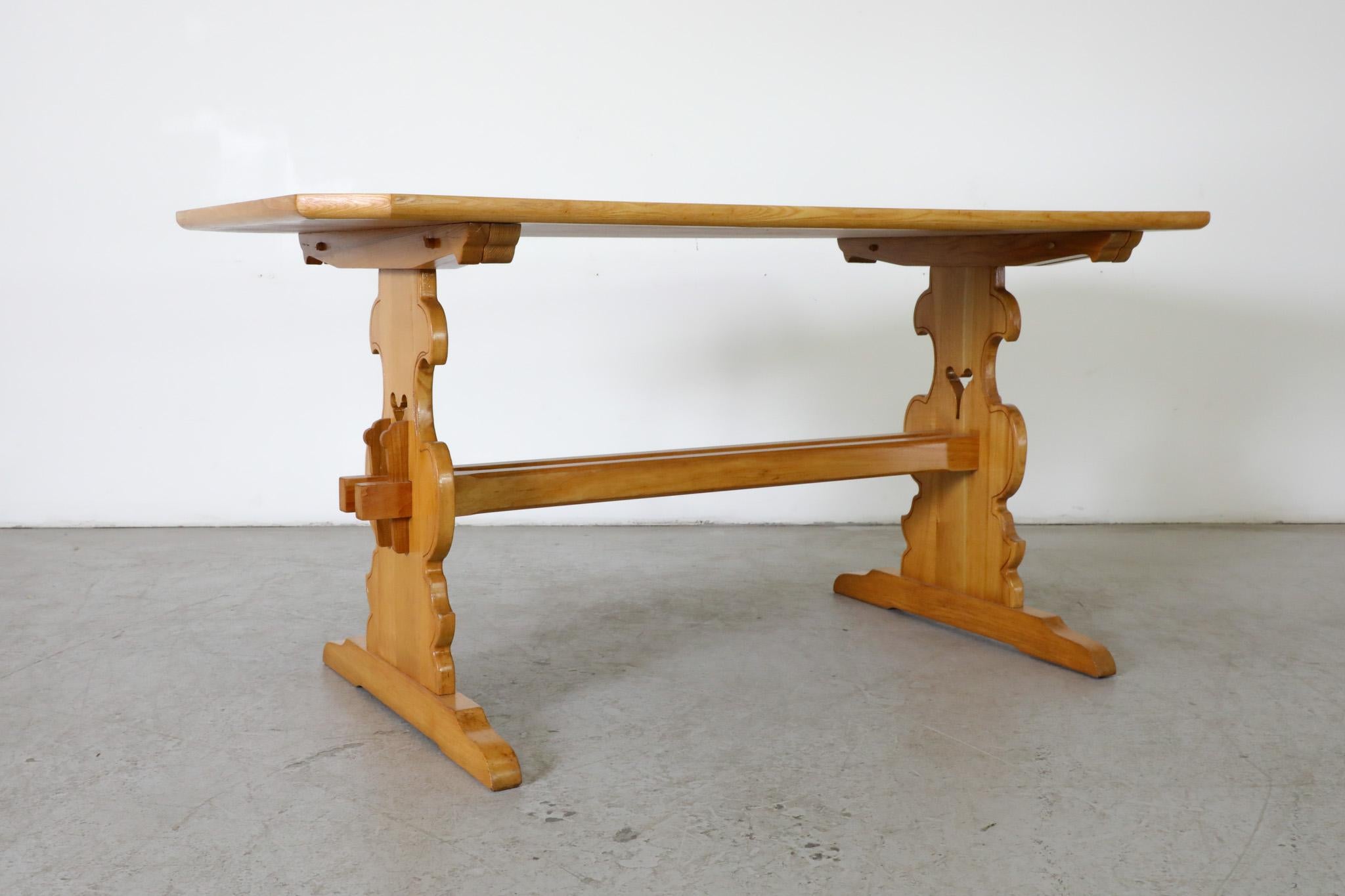 Ornate Hand-Carved Oak Brutalist Tyrolean Style Table with Trestle Base For Sale 7