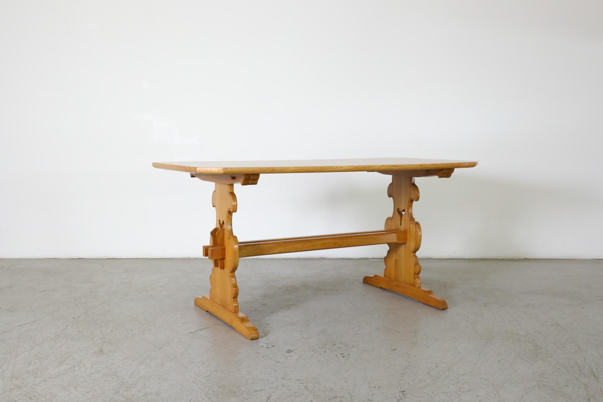 Mid-Century Modern Ornate Hand-Carved Oak Brutalist Tyrolean Style Table with Trestle Base For Sale