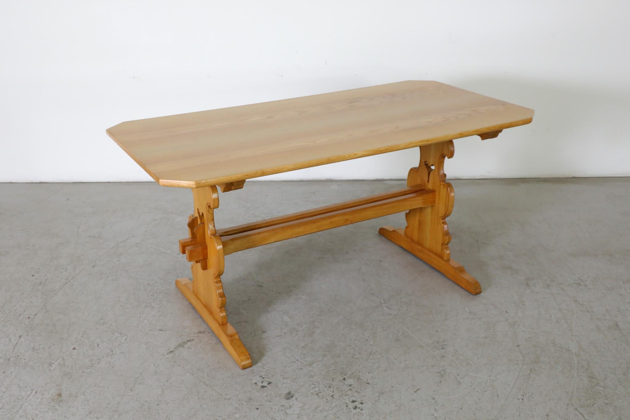 Austrian Ornate Hand-Carved Oak Brutalist Tyrolean Style Table with Trestle Base For Sale