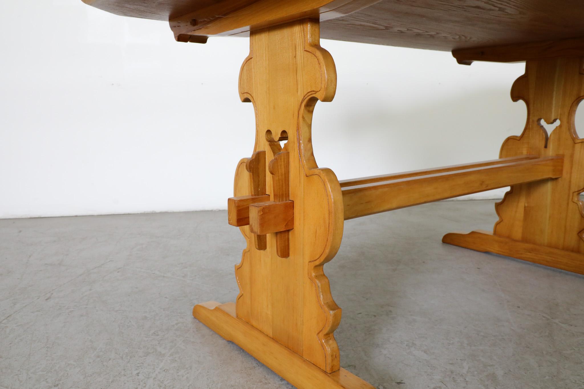 Ornate Hand-Carved Oak Brutalist Tyrolean Style Table with Trestle Base For Sale 3