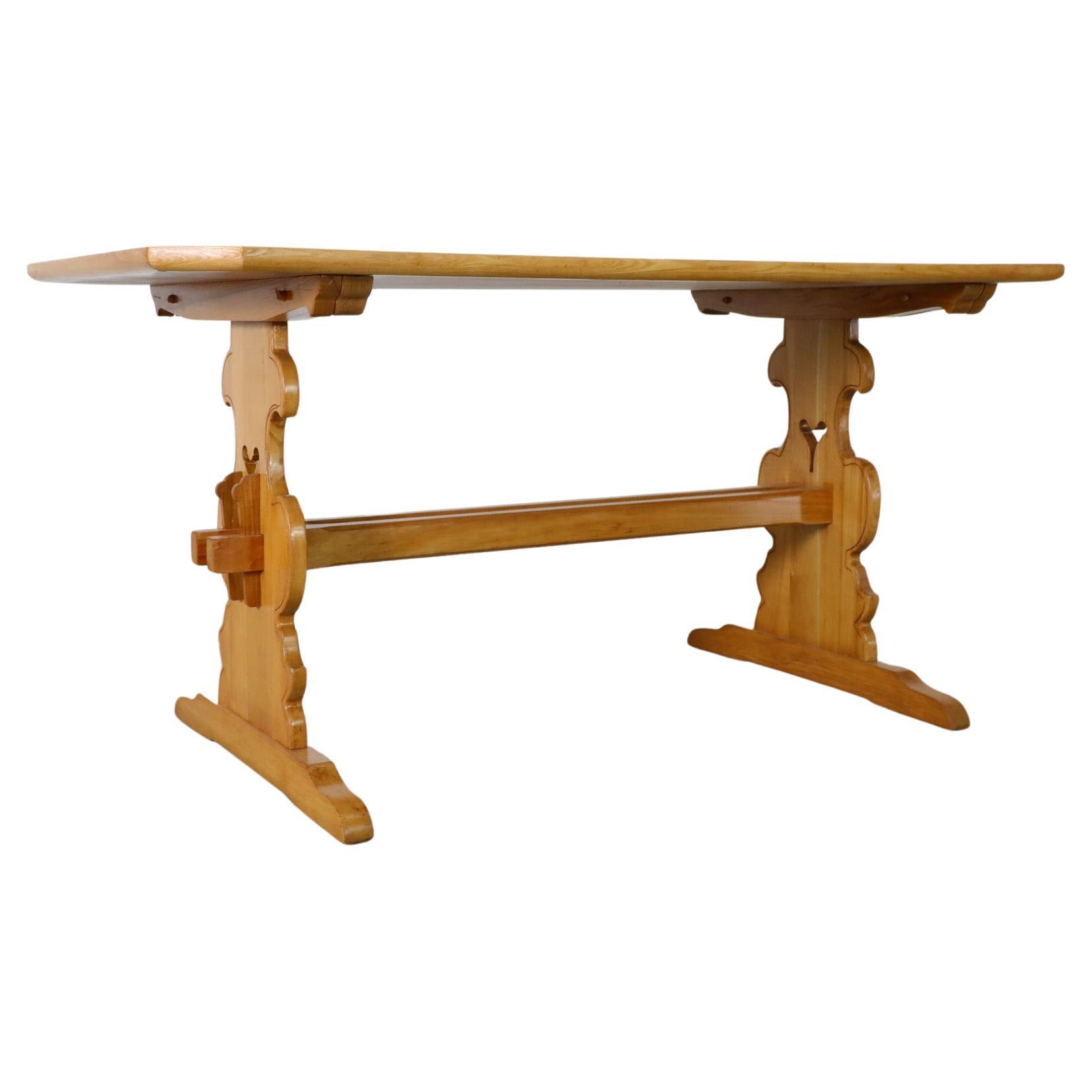 Ornate Hand-Carved Oak Brutalist Tyrolean Style Table with Trestle Base For Sale
