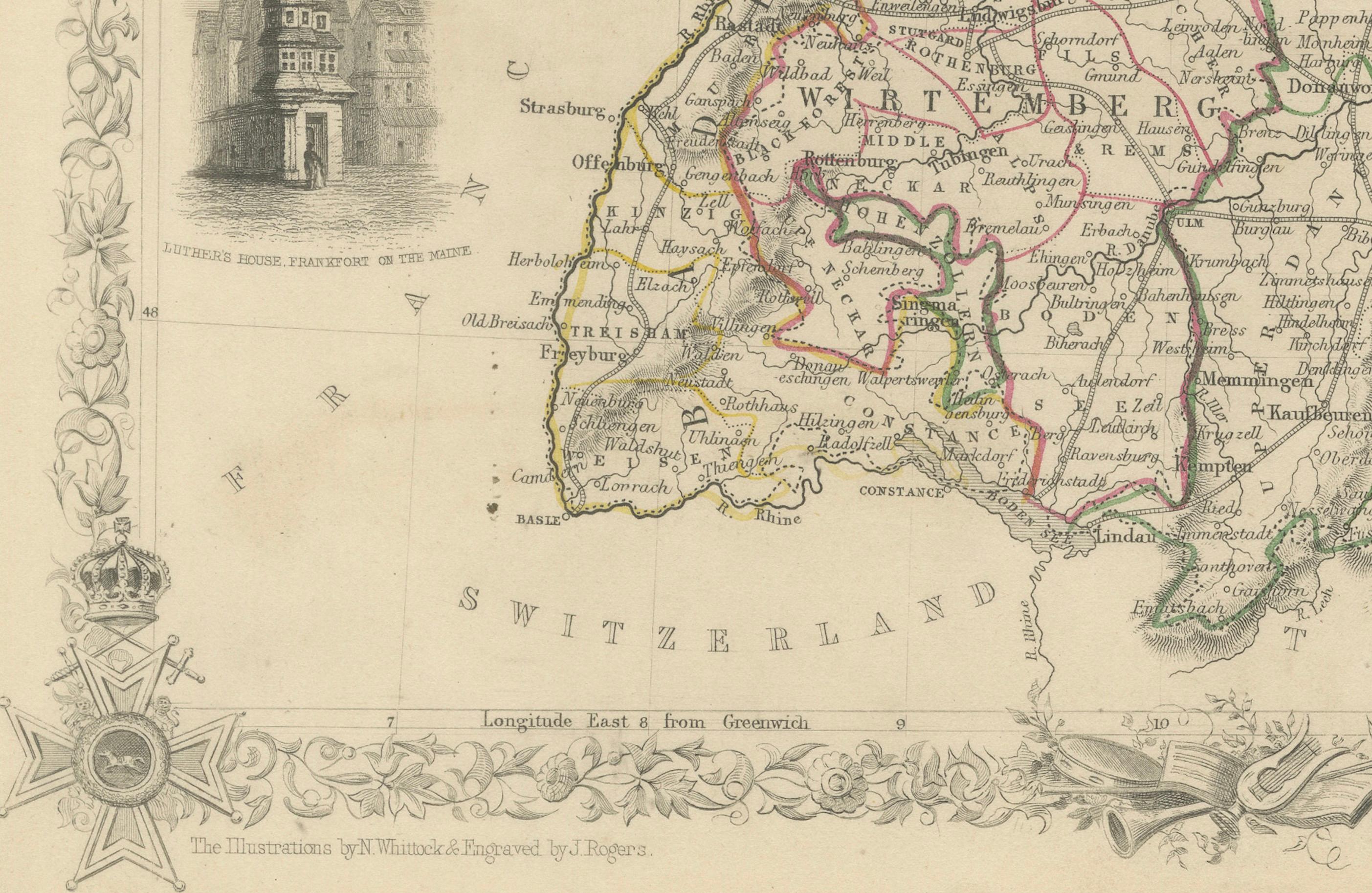 Carte d'Allemagne ornée à la main par John Tallis avec Vignettes, vers 1850 Bon état - En vente à Langweer, NL