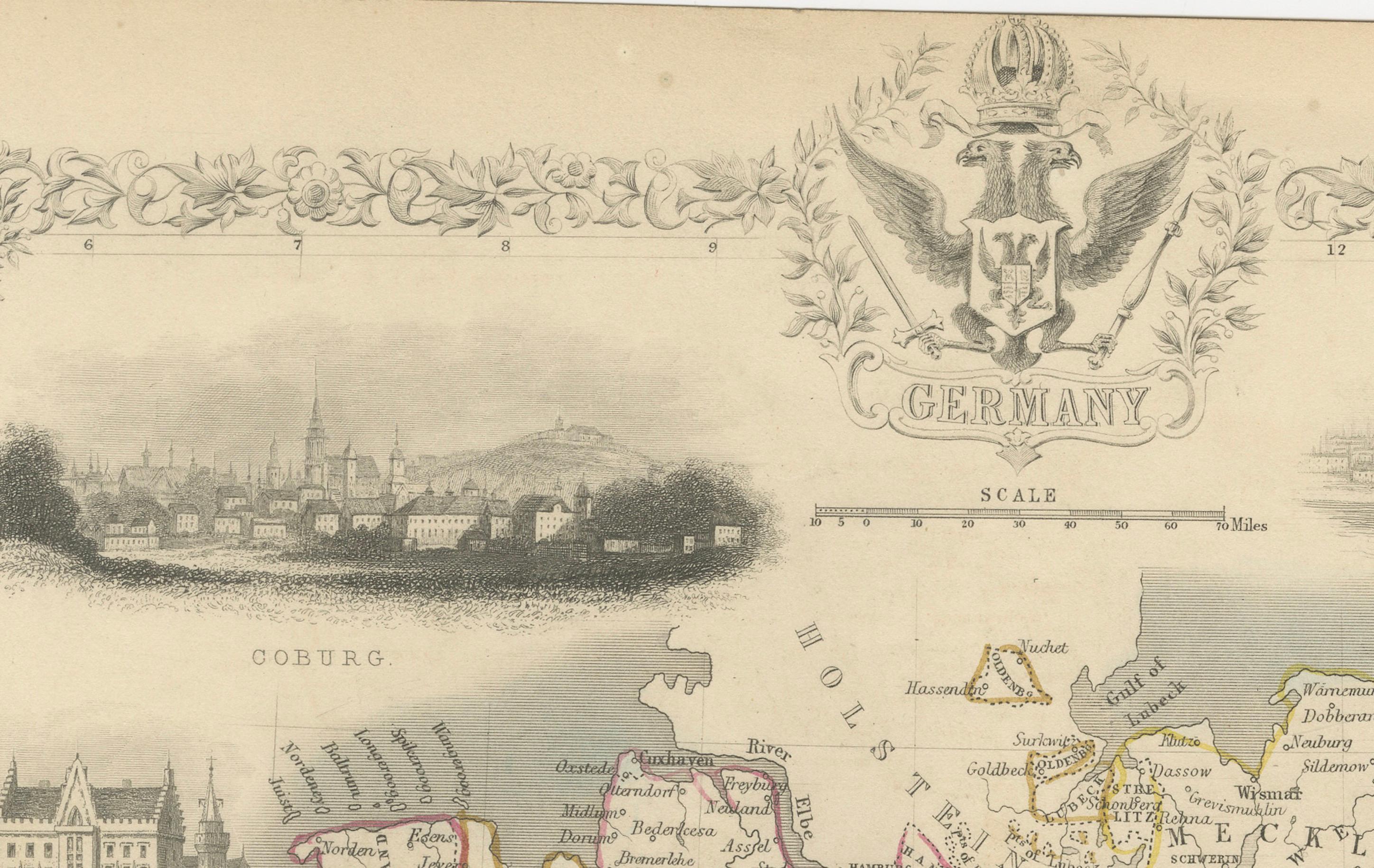Milieu du XIXe siècle Carte d'Allemagne ornée à la main par John Tallis avec Vignettes, vers 1850 en vente
