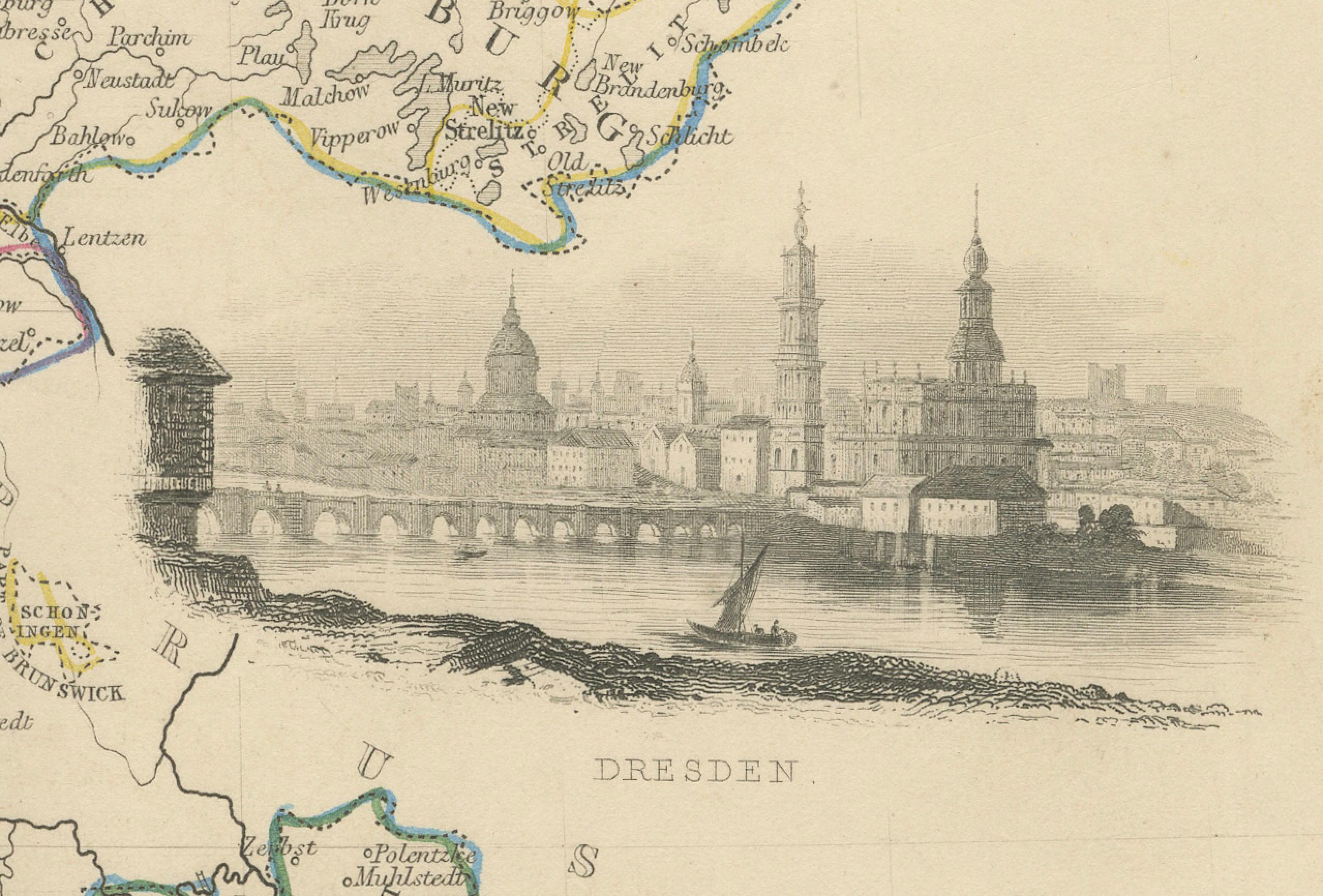 Carte d'Allemagne ornée à la main par John Tallis avec Vignettes, vers 1850 en vente 1