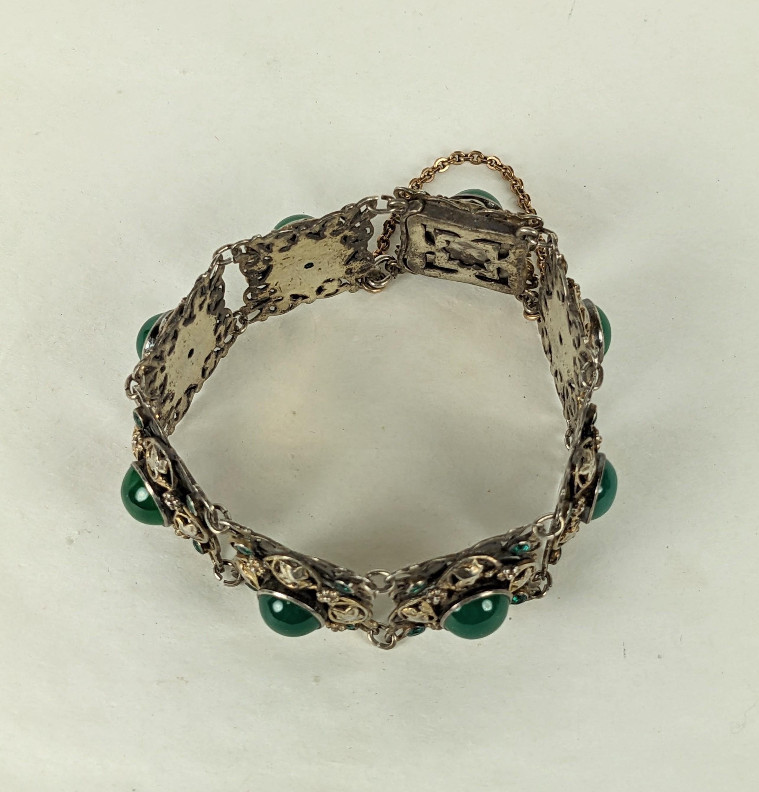 Cabochon Ornate Hungarian Green Onyx Bracelet For Sale