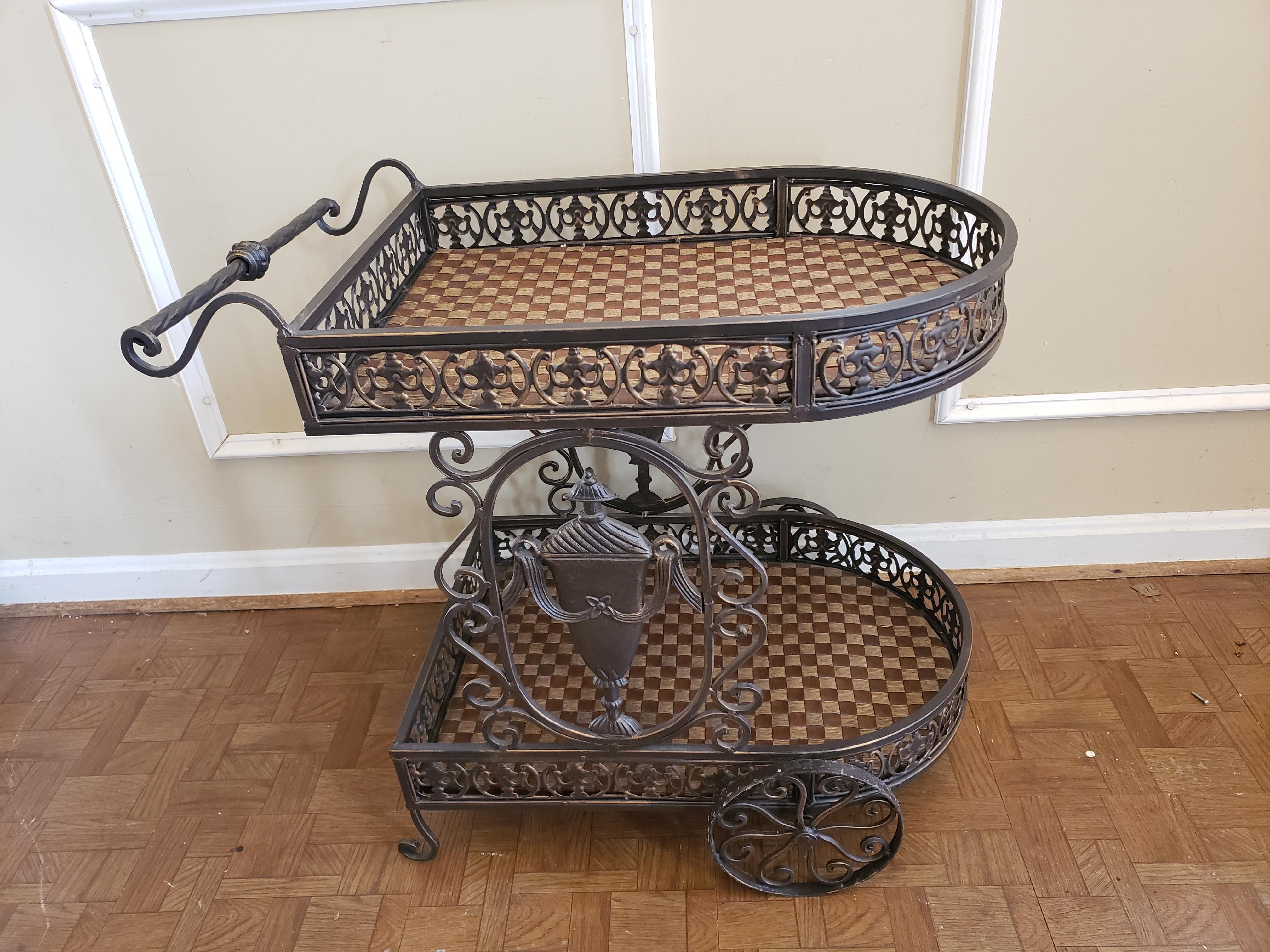 Ornate Iron and Webbed Leatherette and Rush Serving Cart, Circa 1980s For Sale 2
